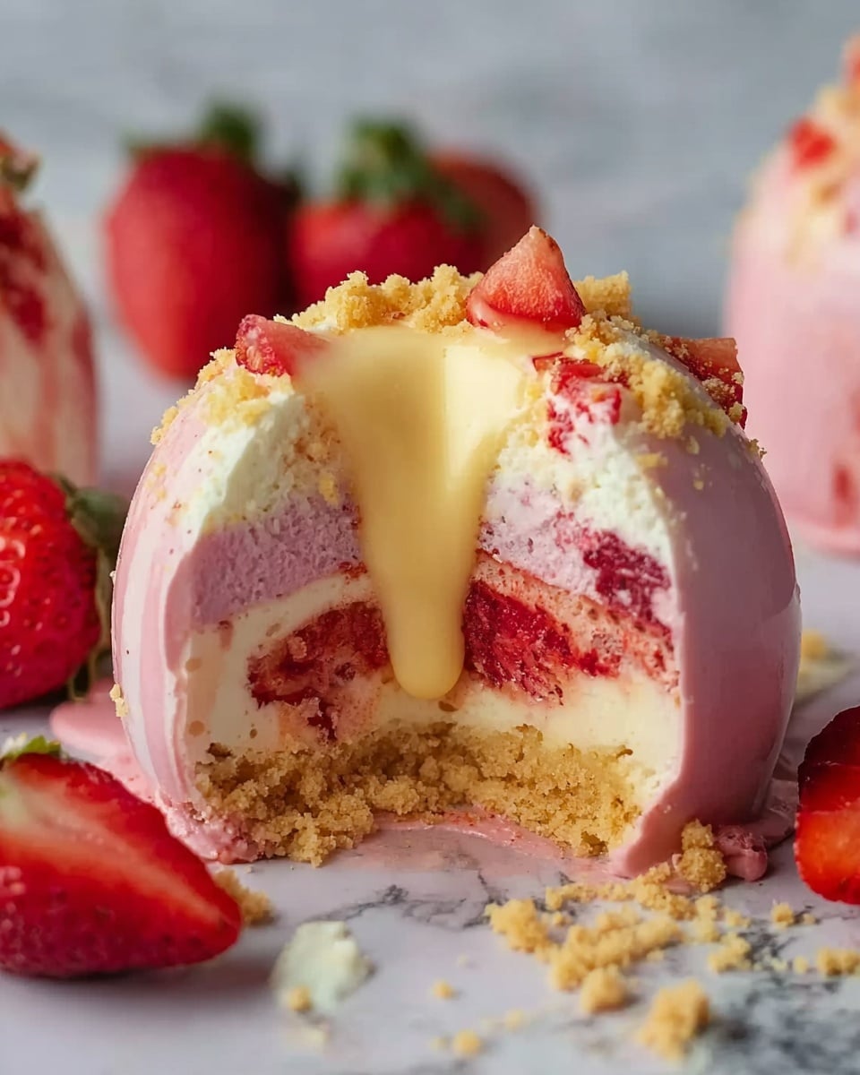 The image shows a half-broken pink round dessert with three clear layers visible: a crumbly golden base layer on the bottom, a middle bright red and white creamy layer with pieces of fresh strawberry embedded, and a top pale yellow creamy layer oozing slightly out of the broken shell. The outer pink shell is smooth and glossy. Around the dessert are scattered crumbs and whole fresh strawberries. Everything is placed on a white marbled surface. Photo taken with an iphone --ar 4:5 --v 7
