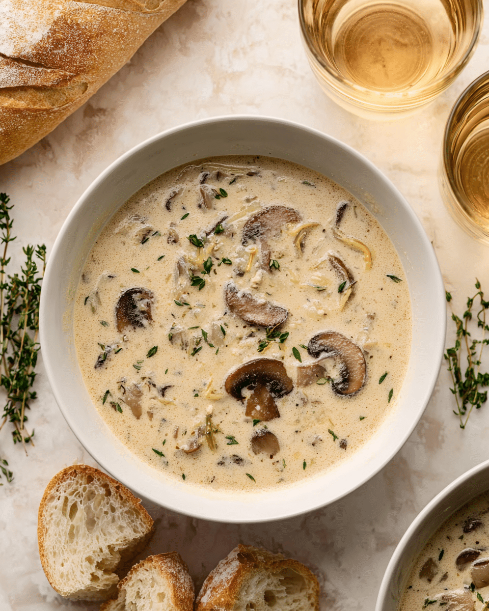 A close-up of a white bowl filled with creamy mushroom soup, showing a thick, light beige broth with visible pieces of sliced brown mushrooms, small bits of onion, and green herbs sprinkled on top. The soup has a smooth, slightly frothy texture. Around the bowl, pieces of torn, crusty bread rest on a white marbled surface, with sprigs of fresh green herbs nearby. Two clear glasses filled with a light amber liquid are also partially visible next to the bowl. Photo taken with an iphone --ar 4:5 --v 7