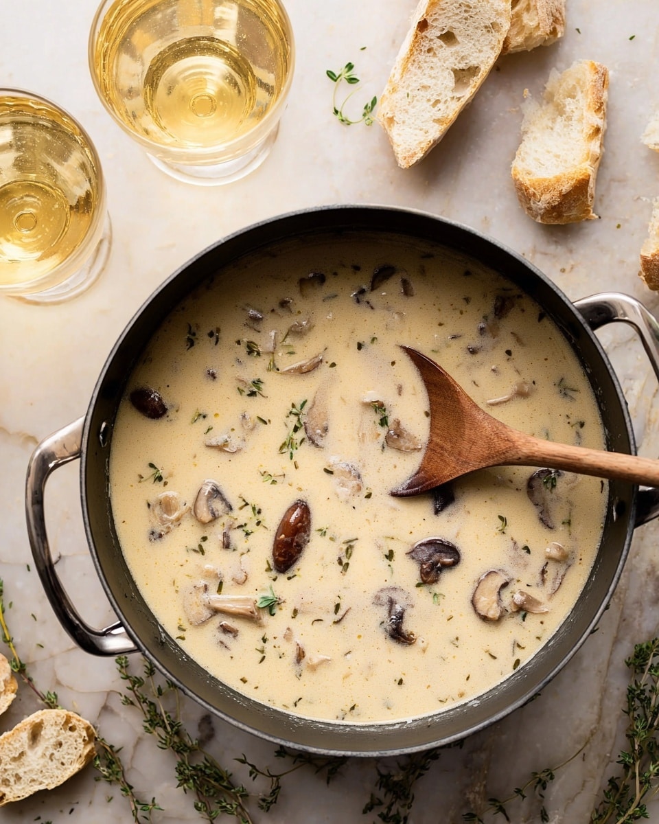 A black pot filled with creamy mushroom soup is shown, with a wooden spoon resting inside. The soup is light beige with visible pieces of brown mushrooms and small green herb leaves scattered on top. Around the pot are two clear glasses filled with light golden liquid, torn pieces of light tan bread, and sprigs of fresh thyme. The scene is set on a white marbled surface. photo taken with an iphone --ar 4:5 --v 7