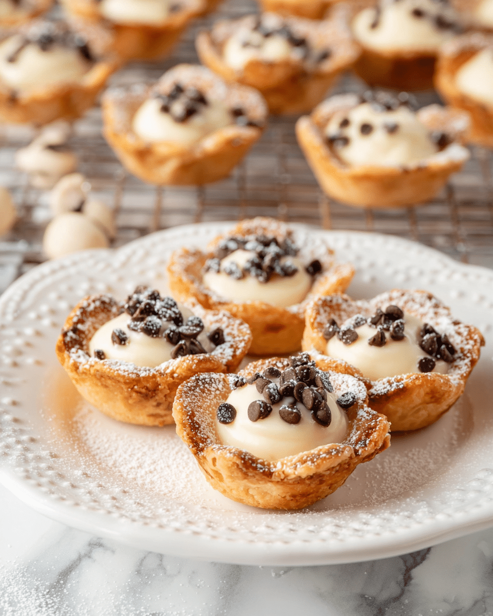 The image shows small tartlets arranged on a white plate with a decorative edge, sitting on a white marbled surface. Each tartlet has three main layers: a golden-brown, crispy pastry shell forming the outer base and sides, a smooth, creamy off-white filling that slightly peaks above the shell, and a topping of dark chocolate chips scattered on the cream. The edges of the pastry shells are lightly dusted with powdered sugar, adding a delicate white dusting to the outer rim. In the background, more of the same tartlets are placed on a metal cooling rack, slightly out of focus, giving a sense of abundance. Photo taken with an iphone --ar 4:5 --v 7