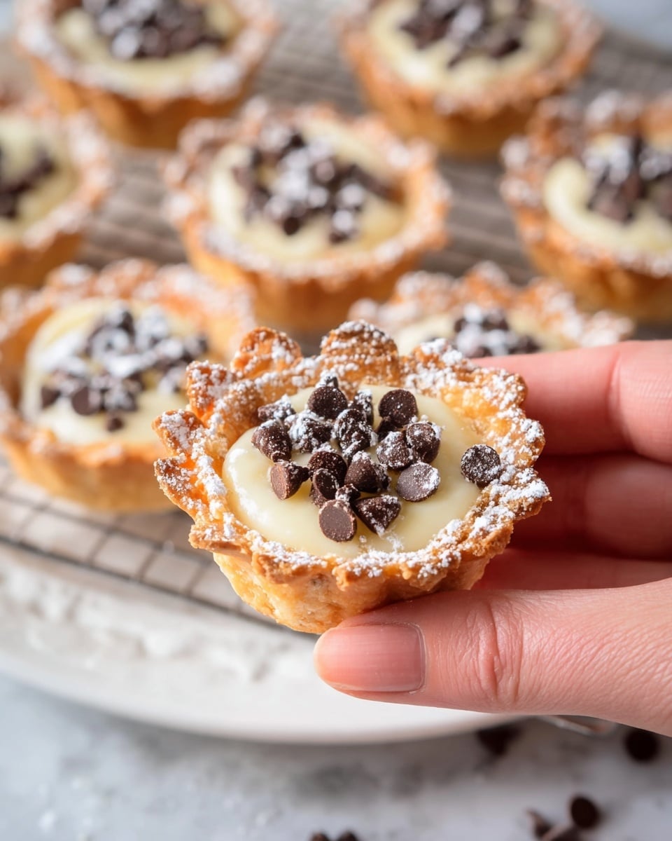 A woman's hand is holding a small tart with three clear layers: a golden-brown crispy crust forming the base and edges, a creamy off-white filling in the center, and dark chocolate chips sprinkled on top. The tart's edges are dusted with powdered sugar, giving a light dusted look that contrasts with the shiny chocolate chips and smooth filling. In the background, several similar tarts are arranged on a white plate and cooling rack placed on a white marbled texture surface. The focus is on the tart held by the woman's hand, with the other tarts slightly blurred behind it. photo taken with an iphone --ar 4:5 --v 7