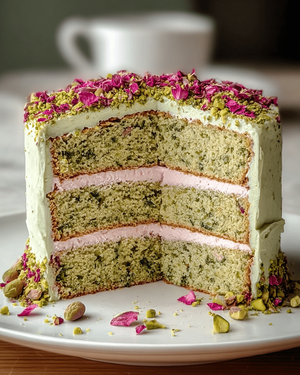 A three-layer green sponge cake sits on a white plate with a white marbled textured background. The cake layers have a dense, moist texture with small green specks throughout. Between each cake layer is a light pink creamy filling that looks smooth and fluffy. The outside of the cake is coated with a pale green frosting, thickly spread and even. On top, a mix of crushed green pistachios and bright pink edible flower petals are scattered, adding texture and color contrast. Some pistachios are also scattered around the base of the cake on the plate. photo taken with an iphone --ar 4:5 --v 7