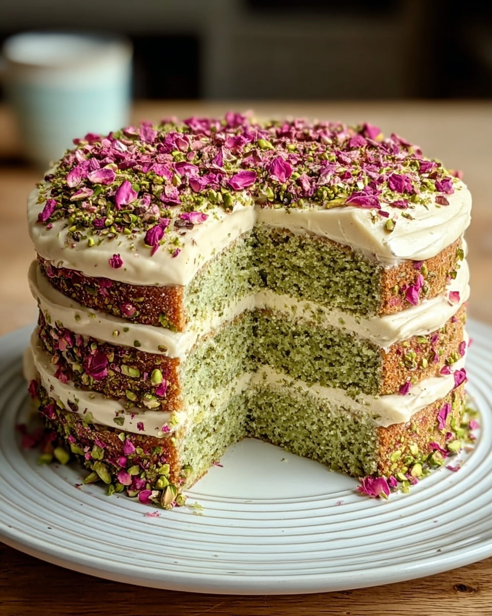 This image shows a three-layer green cake with a creamy light beige frosting between and all around the layers. The cake layers have a slightly crumbly texture with a greenish hue, evenly stacked with smooth frosting spreading in between. The top of the cake is covered with a dense layer of pale beige frosting and decorated with crushed bright green pistachios and pink rose petals scattered thickly over it. The cake sits on a white round plate with subtle patterns, placed on a wooden surface with a blurred background. photo taken with an iphone --ar 4:5 --v 7