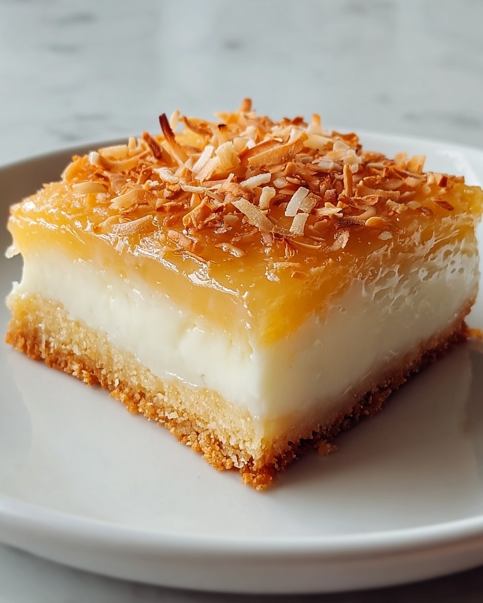 A square piece of dessert with three visible layers sits on a white plate against a white marbled background. The bottom layer is a thin, golden-brown crust that looks crispy. Above it is a thick, smooth, creamy white layer with a soft texture. The top layer is a translucent golden glaze with shredded toasted coconut flakes scattered on it, adding a textured, slightly crunchy look. The dessert is well-lit, highlighting its moist and glossy appearance. Photo taken with an iphone --ar 4:5 --v 7