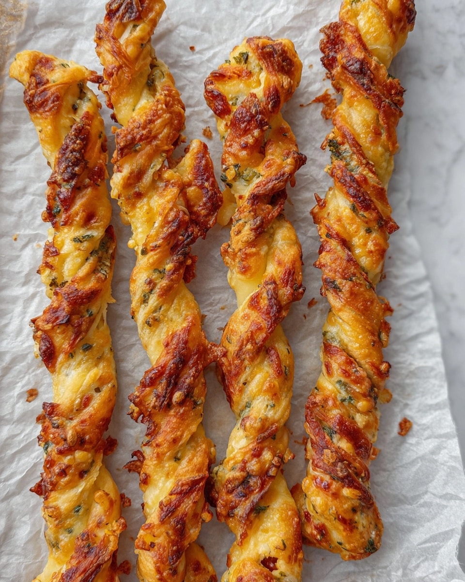 The image shows five twisted cheese sticks lying side by side on crinkled white parchment paper, placed on a white marbled surface. Each stick has a golden-brown crust with visible layers of melted cheese and bits of green herbs baked into the dough. The cheese is slightly browned and bubbly, giving a crispy texture on the outside while the twisted dough layers peek through with a light yellow color underneath. The sticks are irregular in shape with some cheese pieces sticking out, adding to the rustic look. Photo taken with an iphone --ar 4:5 --v 7