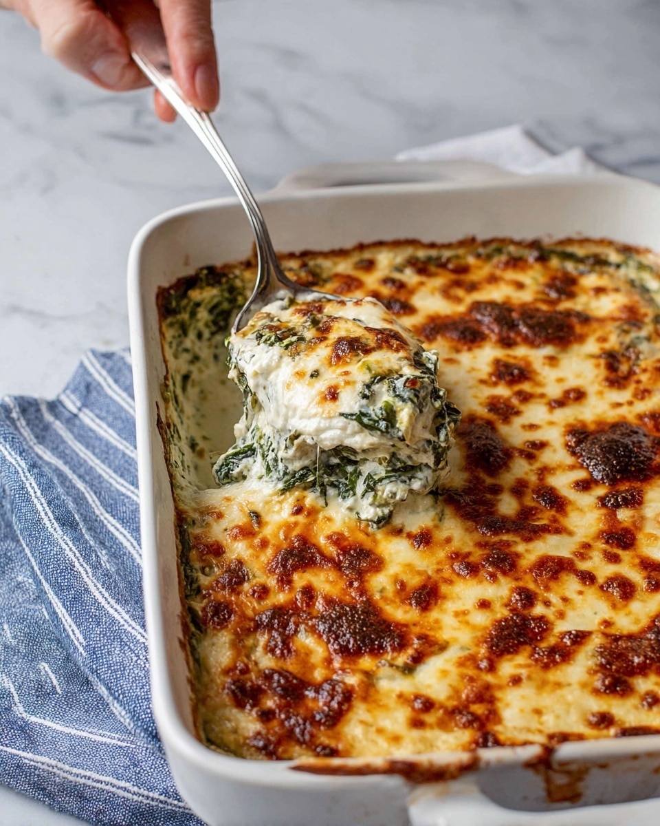 A rectangular white baking dish filled with a baked casserole that has a golden brown and bubbly cheese layer on top. The top cheese layer is unevenly browned with spots of darker crust and lighter creamy areas, showing hints of spinach or greens mixed beneath. The casserole surface has a slightly crispy texture around the edges, and the inside looks creamy with visible green leafy bits. The dish rests on a white marbled surface with a blue and white striped cloth partially underneath, along with some fresh spinach leaves scattered nearby. Two metal serving spoons are placed next to the dish. photo taken with an iphone --ar 4:5 --v 7