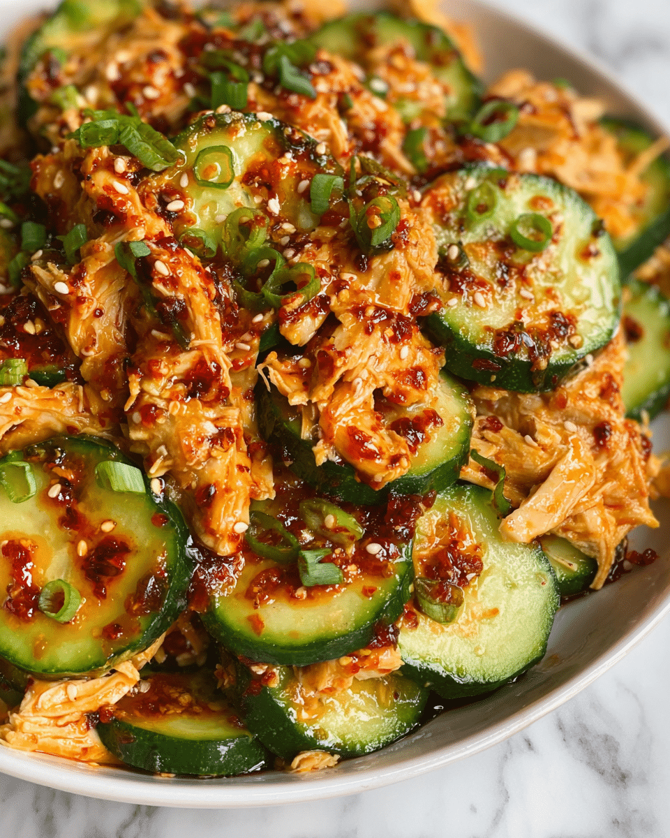 The dish is a close-up view of a mix featuring three main layers: a base of light green cucumber slices with dark green edges, a middle layer of shredded, creamy orange chicken pieces, and a top layer drizzled with chunky, deep reddish-brown chili oil and sprinkled with small white sesame seeds and bright green chopped scallions. The textures are varied, with the smooth cucumber, tender chicken, and glossy, oily chili pieces creating a rich and colorful look. The dish is served on a white plate visible at the edge, placed on a white marbled surface. Photo taken with an iphone --ar 4:5 --v 7