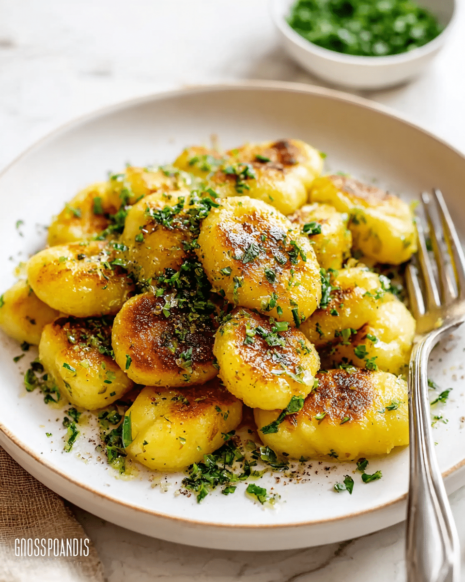 A white round plate holds a pile of golden brown gnocchi, each piece showing a crispy browned top layer with a soft, slightly textured yellow underneath. The gnocchi shapes are plump and irregularly oval or round. Bright green chopped herbs are sprinkled generously on top, adding fresh contrast to the warm tones. A silver fork rests on the right side of the plate. The plate is placed on a white marbled surface with a small white bowl filled with green herbs blurred in the background. Photo taken with an iphone --ar 4:5 --v 7