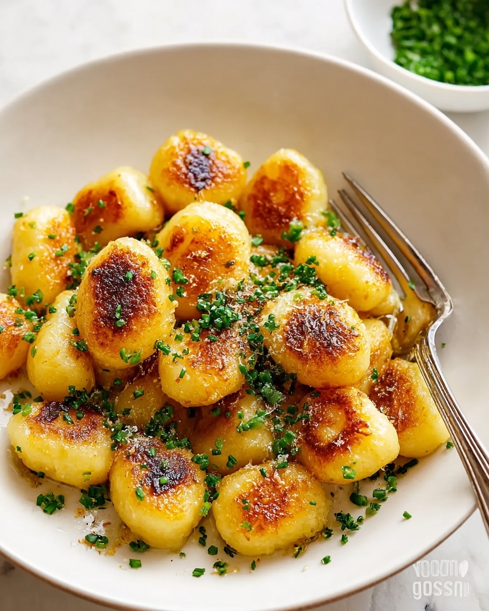 A white shallow bowl holds a single layer of golden-brown pan-fried gnocchi with a crispy, slightly charred texture on the top. The gnocchi pieces are round and pillowy, scattered with finely chopped green herbs sprinkled evenly over them, adding a fresh contrast. A shiny silver fork rests inside the bowl on the right side. The bowl sits on a white marbled surface with a small white bowl of extra chopped herbs blurred in the background. photo taken with an iphone --ar 4:5 --v 7
