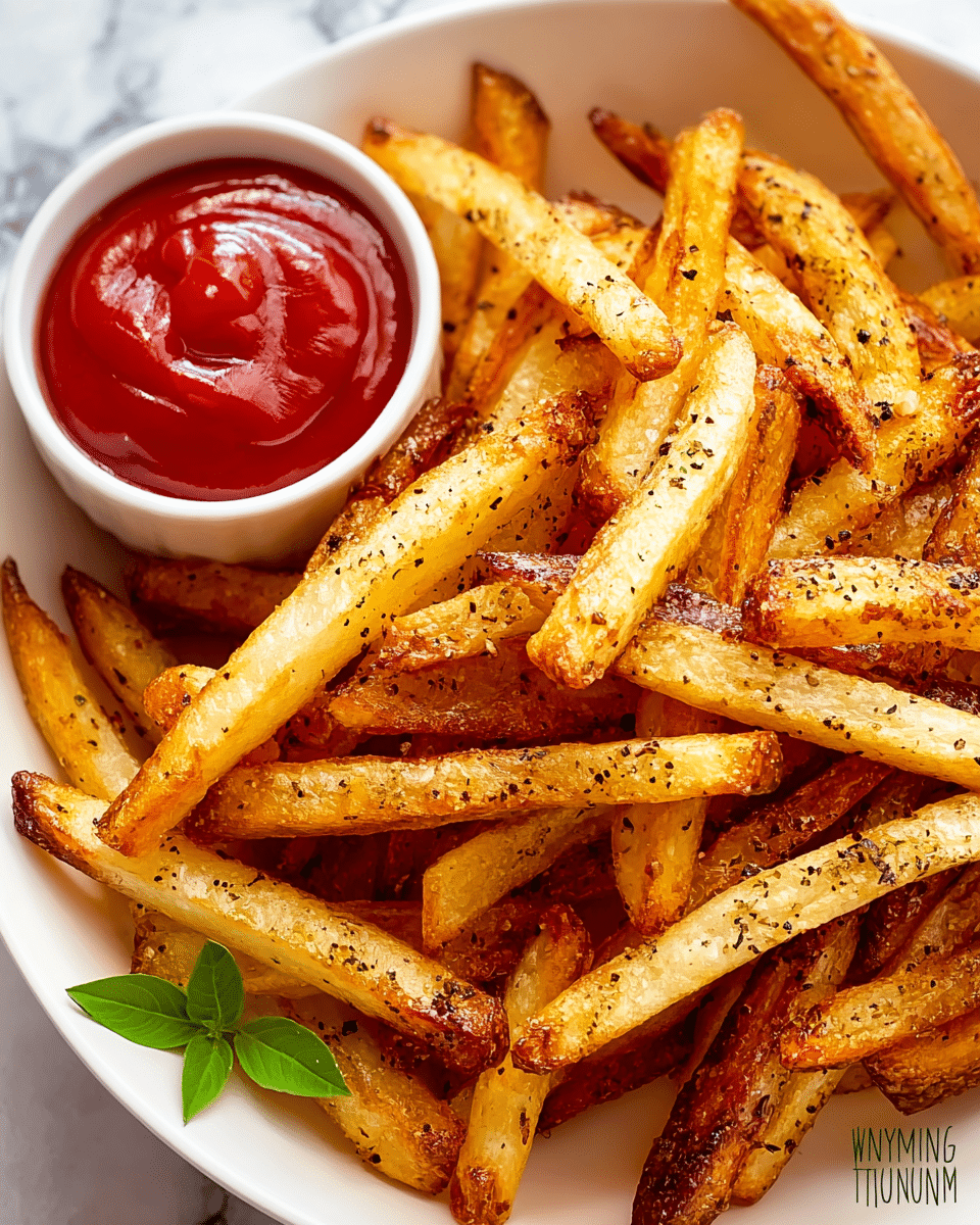 A white bowl piled high with golden-brown French fries, each fry crispy with visible black pepper seasoning scattered on top, showing a crunchy texture with some darker, more cooked edges. To the left side of the bowl, there is a small white cup filled with smooth red ketchup, slightly swirled on the surface. A small green herb leaf peeks out from beneath the fries at the bottom right edge of the bowl. The background has a white marbled texture. photo taken with an iphone --ar 4:5 --v 7