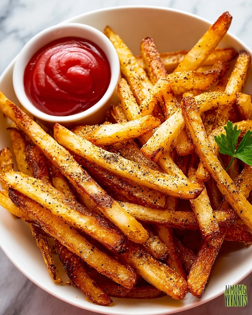 A white bowl filled with a large pile of golden-brown French fries that have a crispy texture and are sprinkled with coarse black pepper. The fries vary in color slightly from light golden yellow to deep brown, showing different levels of crispiness. On the top left of the bowl is a small white dish filled with smooth, bright red ketchup. A small green parsley leaf peeks out from the bottom right of the fries. The bowl is placed on a white marbled textured surface. photo taken with an iphone --ar 4:5 --v 7