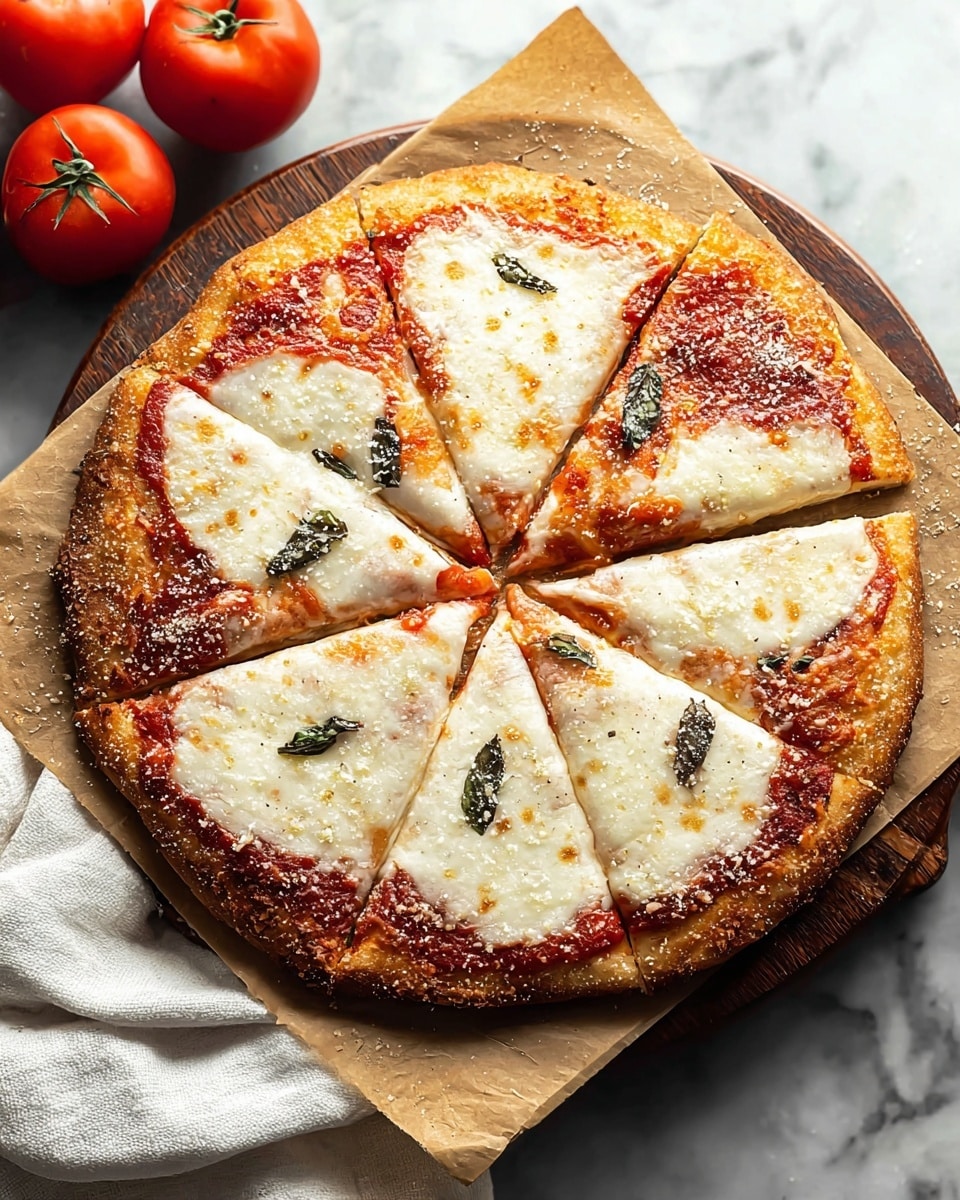 A whole round pizza cut into six slices, placed on brown parchment paper over a wooden board. The pizza has a thin golden-brown crust with a slightly crispy edge. Each slice is topped with a layer of melted white cheese, patches of bright red tomato sauce peeking through, and scattered small basil leaves. The cheese looks soft and creamy with light golden spots where it has browned. Some slices show a light dusting of grated cheese or seasoning on top. The pizza is surrounded by fresh tomatoes on a white marbled surface with a white cloth folded on the side. photo taken with an iphone --ar 4:5 --v 7