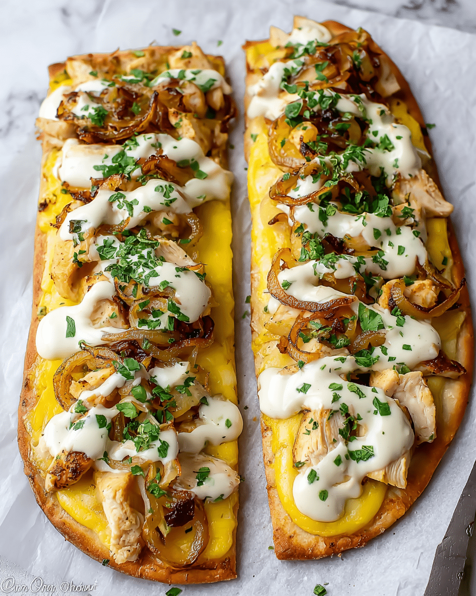 Two long flatbread slices lie side by side on white parchment paper over a white marbled surface, each topped with layers starting from a thin, golden-brown crust. Above the crust is a smooth layer of bright yellow melted cheese covering the whole length. On top of the cheese, there are scattered pieces of cooked chicken that are off-white with some brown edges. Around the chicken are thin, caramelized caramel-brown onion slices, adding texture and color contrast. Finally, a pale creamy white sauce is drizzled in a zigzag pattern over each slice, sprinkled with small, fresh chopped green herbs for a fresh touch. photo taken with an iphone --ar 4:5 --v 7