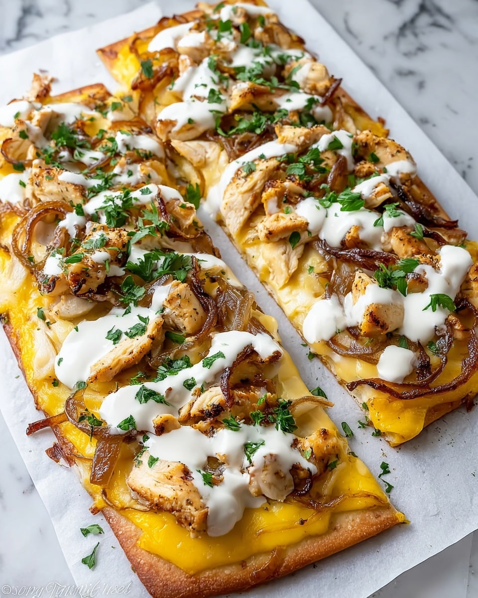 A flatbread is cut into two long pieces on white parchment paper over a white marbled surface. The base layer is a light brown crispy flatbread crust. On top, there is a thick layer of melted bright yellow cheese covering the flatbread evenly. The next layer consists of pieces of cooked chicken with a golden-brown outside, scattered evenly on the cheese. Slices of caramelized onions with a shiny dark brown color are spread across the chicken. Dollops of white creamy sauce are drizzled in a zigzag pattern over the top. The dish is finished with a sprinkling of chopped fresh green parsley leaves giving a fresh look. Photo taken with an iphone --ar 4:5 --v 7