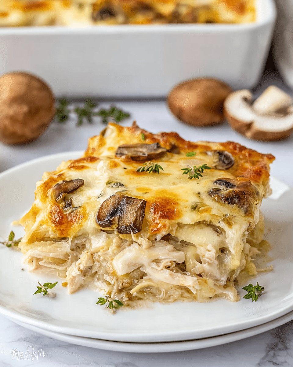 A creamy, baked casserole square is served on a clean white plate placed on a white marbled surface, featuring layers starting with shredded chicken at the bottom, followed by sliced mushrooms scattered evenly, all covered by a thick layer of melted cheese that is golden brown in spots from baking. The top cheese layer is bubbly and slightly browned, with small green herb sprigs sprinkled for garnish. In the soft focus background, more mushrooms and a white baking dish holding the rest of the casserole are visible. photo taken with an iphone --ar 4:5 --v 7