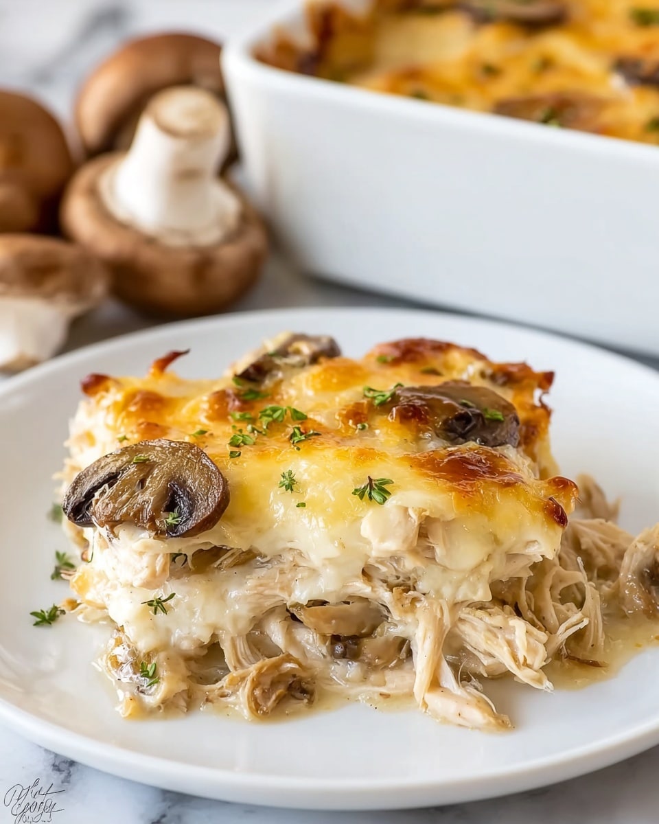 A white plate holds a layered chicken and mushroom casserole. The bottom layer shows shredded chicken mixed with sliced mushrooms in a creamy sauce. Above it is a thick, melted layer of golden brown cheese, some parts slightly browned and bubbly. Tiny green herbs are sprinkled on top for color. The dish is placed on a white marbled surface, with a white baking dish and fresh mushrooms blurred in the background. photo taken with an iphone --ar 4:5 --v 7