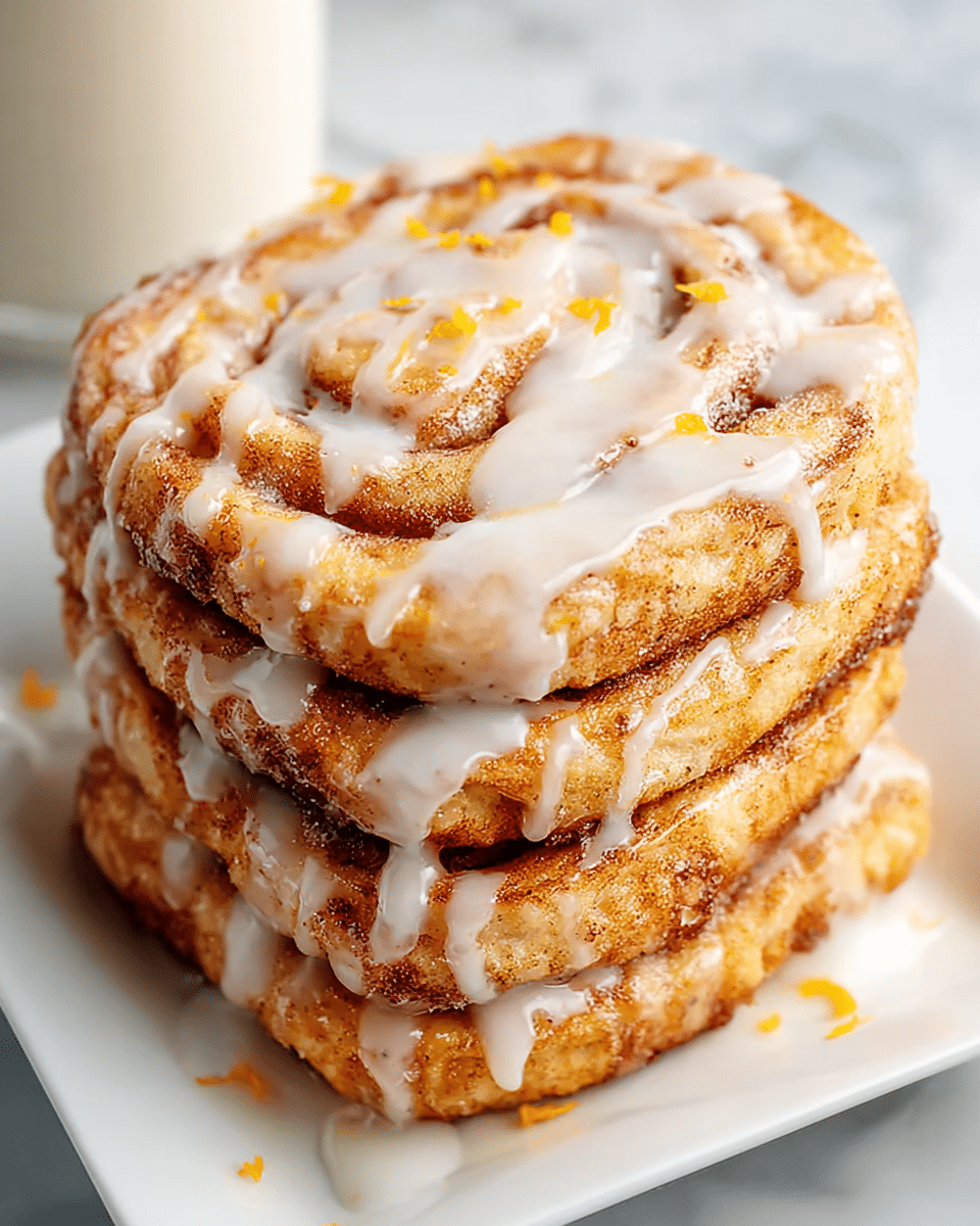 A stack of seven thick, golden-brown cinnamon roll slices sits neatly on a white square plate placed on a white marbled texture. Each slice shows a cinnamon sugar swirl pattern with a slightly crispy, textured surface. A white creamy glaze is generously drizzled over the top, flowing down the sides in smooth streaks. Tiny orange zest bits are scattered on top, adding a pop of bright color against the white glaze. The warm lighting highlights the soft, fluffy inside layers peeking through the edges. Photo taken with an iphone --ar 4:5 --v 7