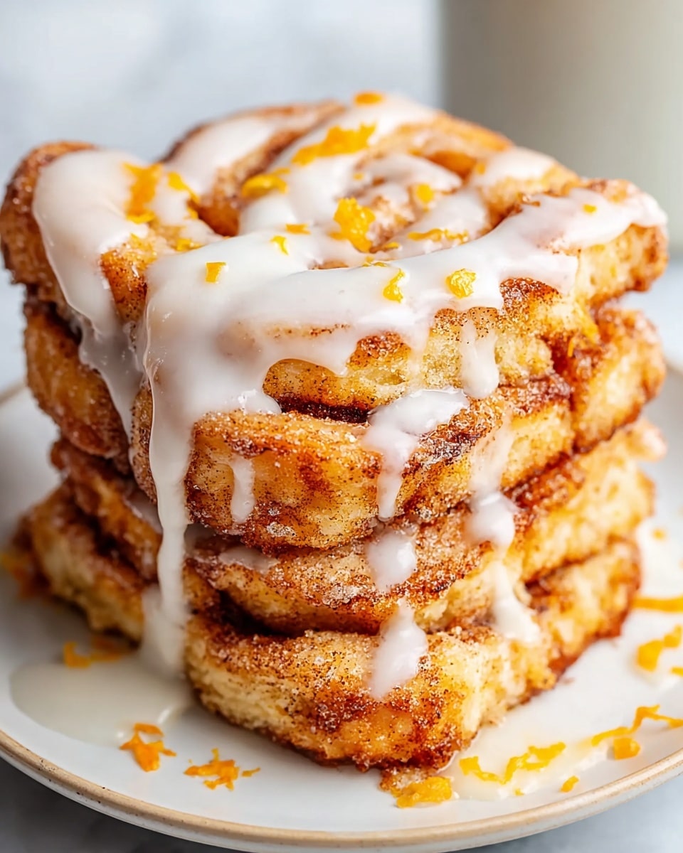 A stack of about six golden brown cinnamon roll slices layered closely together, each slice showing a textured surface with visible swirls of cinnamon. The stack is generously drizzled with a glossy, white icing that flows smoothly over the top and down the sides. Small bits of orange zest are scattered on top of the icing, adding tiny bright orange pops of color. All of this sits on a white plate, with a white marbled texture surface in the background. photo taken with an iphone --ar 4:5 --v 7