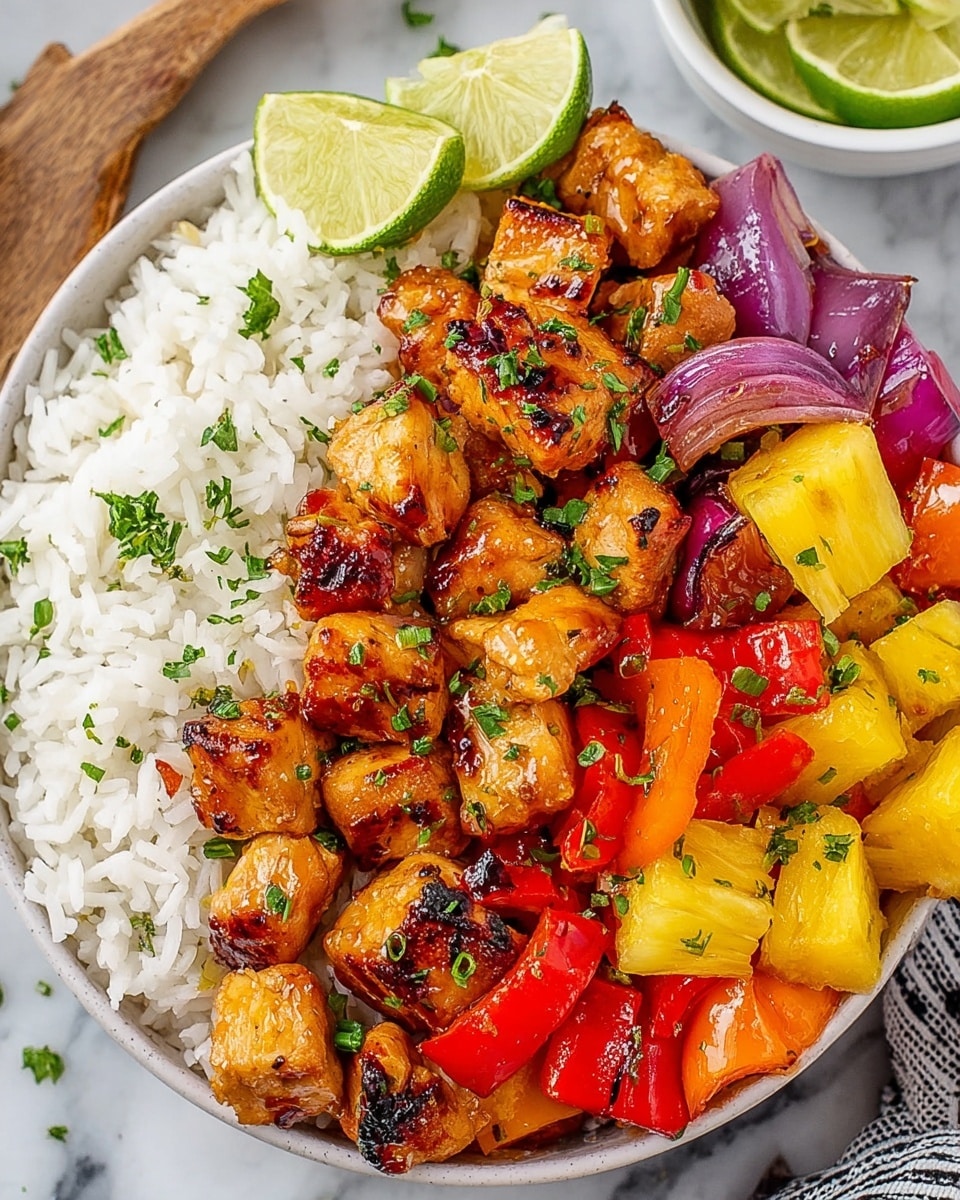 This image shows a white bowl filled with white rice evenly spread as the base layer. On top, there is a colorful mix of grilled chicken chunks with a shiny, slightly charred glaze, bright yellow pineapple pieces, red and orange bell pepper chunks, and purple onion segments. The dish is sprinkled with fresh chopped green herbs for garnish. At the side of the bowl, there is a small white bowl containing lime wedges, all set on a white marbled surface. photo taken with an iphone --ar 4:5 --v 7