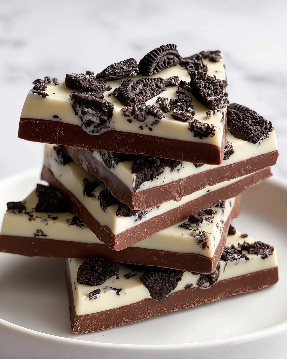 The image shows a stack of five triangular chocolate pieces on a white plate. Each piece has two visible layers: a bottom dark brown chocolate layer with a smooth texture and a top creamy white chocolate layer. The white chocolate layer is topped with broken black cookie pieces that add rough texture and contrast. The stack is arranged so that the triangles slightly overlap, showing the clean, sharp edges of each piece. The background is a white marbled texture. photo taken with an iphone --ar 4:5 --v 7