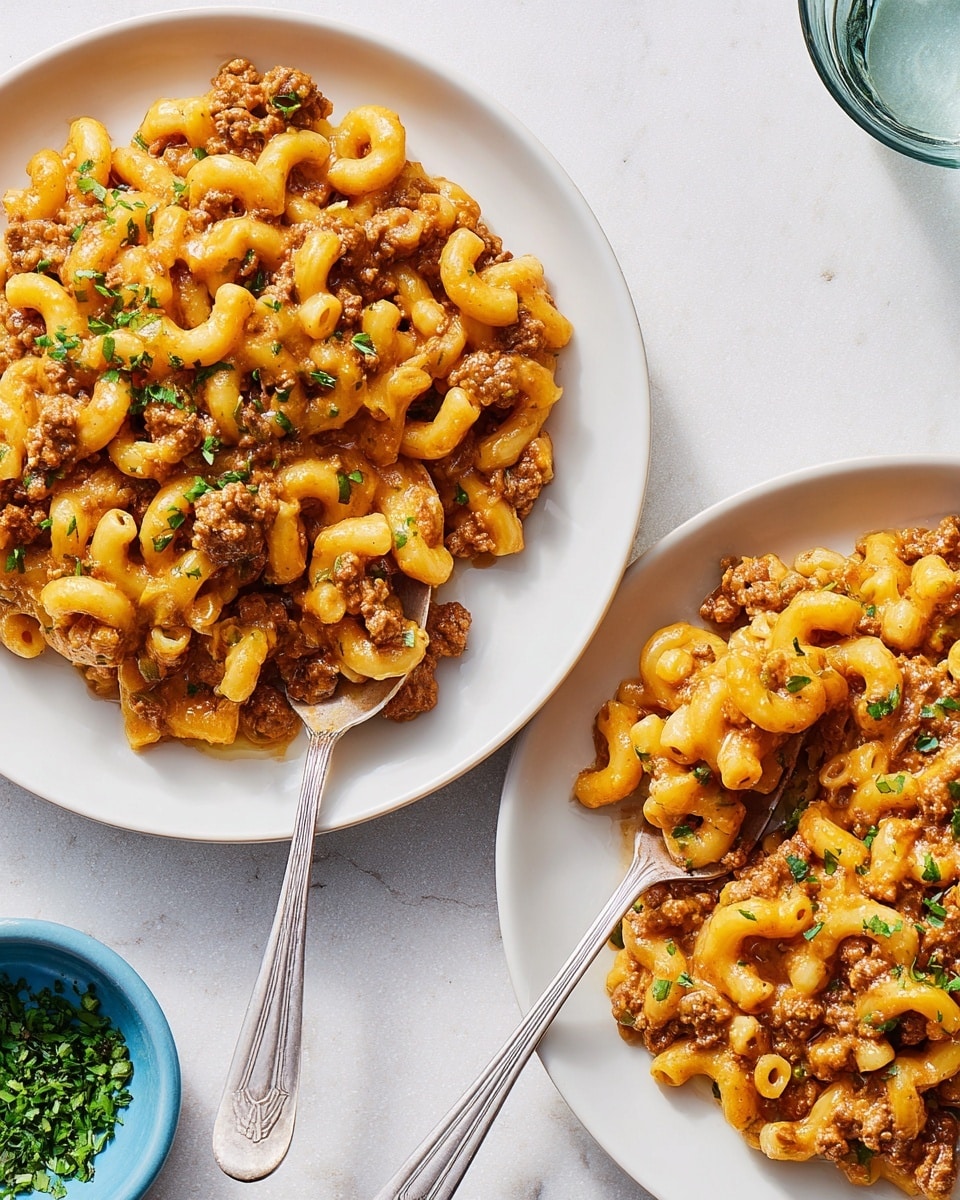Two white plates hold creamy macaroni pasta mixed with a thick brown meat sauce. The macaroni is elbow-shaped and coated in an orange cheese sauce, with ground meat mixed evenly throughout. Small green chopped herbs are sprinkled on top, adding a fresh touch. One plate has a silver spoon resting on it, partly scooping up the pasta. The plates sit on a white marbled surface, with a small bowl of green herbs nearby. The colors are warm and inviting with a mix of orange, brown, and green tones. photo taken with an iphone --ar 4:5 --v 7