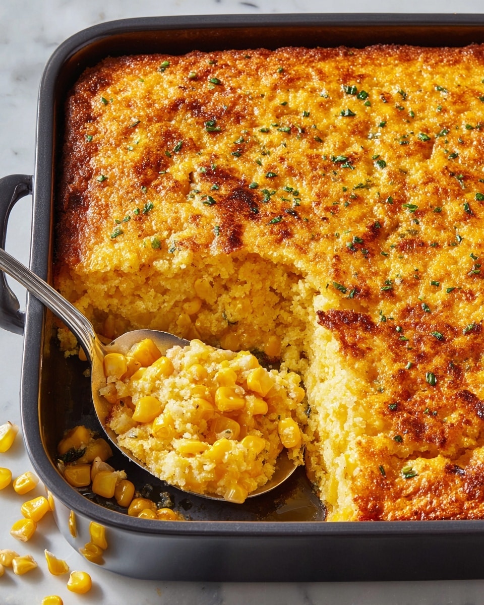 A baked corn casserole in a black baking pan with a golden brown top layer that looks crispy and slightly textured with small green herb bits sprinkled on it. The casserole is thick with three visible layers: a crusty top layer of melted cheese and baked corn, a middle creamy layer with mixed corn kernels, and a soft bottom layer of cornbread-like texture in pale yellow. Part of the casserole is scooped out with a large silver spoon, showing the rich, moist inside and chunks of yellow corn. The pan sits on a white marbled surface with a few scattered corn kernels nearby. Photo taken with an iphone --ar 4:5 --v 7