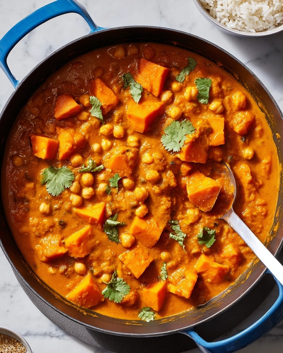 A large black round pot filled with thick orange curry, containing many pieces of cubed orange sweet potatoes and whole beige chickpeas, with some small green cilantro leaves scattered on top. A white spoon rests inside the pot on the right side, partially submerged in the curry. The pot has a blue handle on the left side, sitting on a white marbled surface. Near the top right edge, a white bowl with white rice is partly visible. photo taken with an iphone --ar 4:5 --v 7