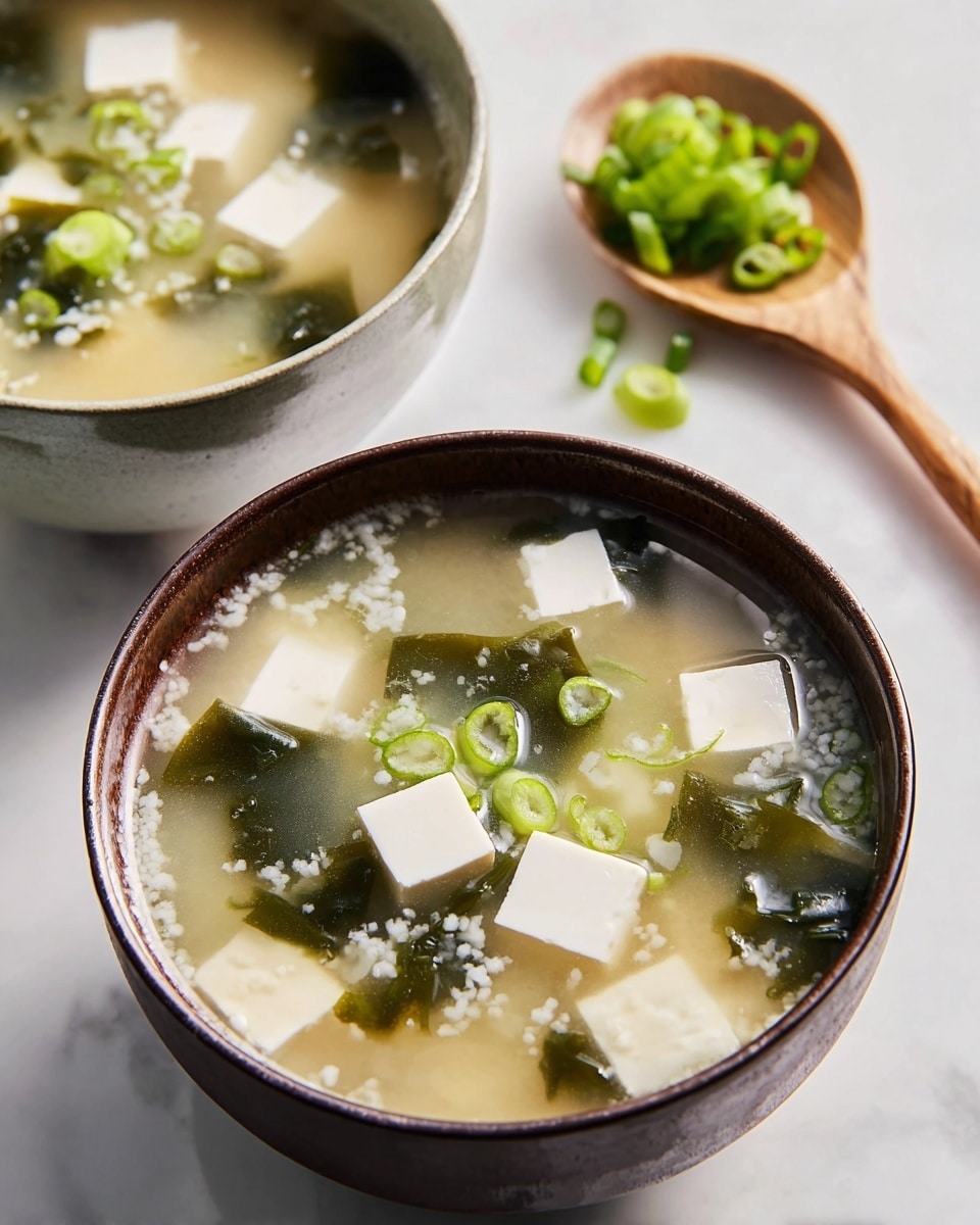 A close-up view of two bowls of clear miso soup on a white marbled surface, each bowl filled with a translucent light beige broth speckled with white miso particles. Floating near the surface are multiple small white tofu cubes with smooth edges, along with dark green seaweed pieces spread throughout the soup. On top are scattered bright green sliced scallions adding a fresh contrast. A wooden spoon nearby holds a pile of chopped scallions, and a woman's hand is gently touching one bowl in the background. photo taken with an iphone --ar 4:5 --v 7