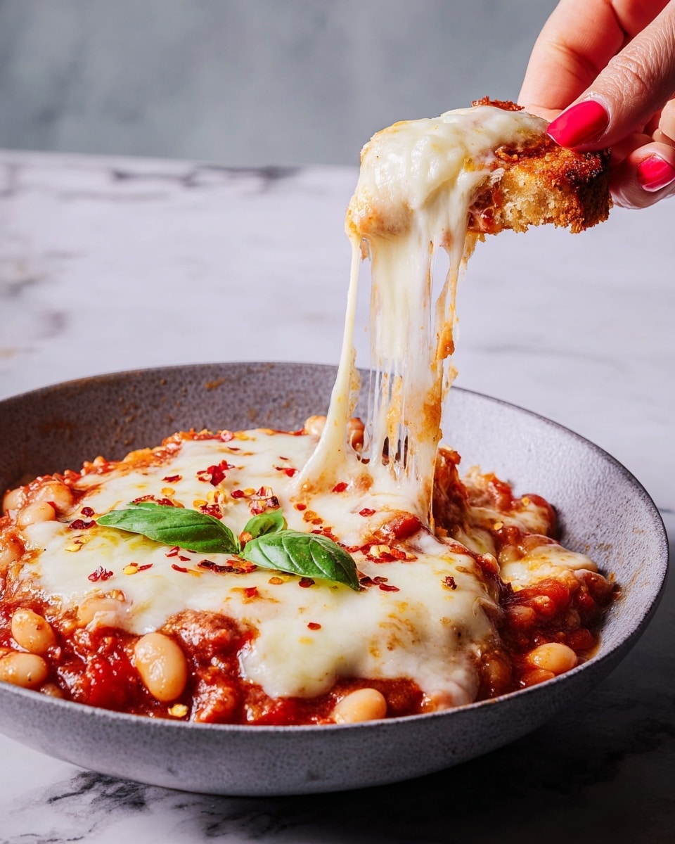 The image shows a gray bowl filled with three main layers: at the bottom is a thick red tomato sauce mixed with cooked white beans, giving a chunky texture; the middle layer is melted white cheese that is stretchy and gooey, lifting off a slice held by a woman's hand with red nail polish; on top of the cheese are small red chili flakes scattered around; there is also a green basil leaf placed on the cheese for color contrast; the bowl sits on a white marbled texture surface. photo taken with an iphone --ar 4:5 --v 7