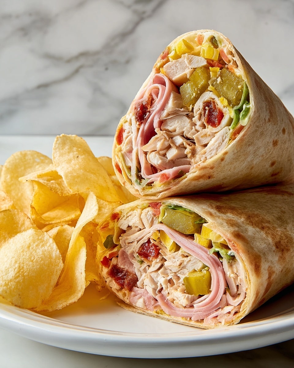 The image shows two halves of a wrap sandwich on a white plate with a side of light golden potato chips. The wrap has three visible layers: the outer soft, lightly browned tortilla, the middle layer of sliced cooked chicken pieces mixed with green and yellow pickles, and the innermost layer containing folded slices of pink deli meat, thin slices of cheese, and bits of red and green vegetables all tightly packed together. The wrap halves are positioned so one stands upright showing the colorful fillings clearly, and the other lies flat. The background features a white marbled texture. Photo taken with an iphone --ar 4:5 --v 7