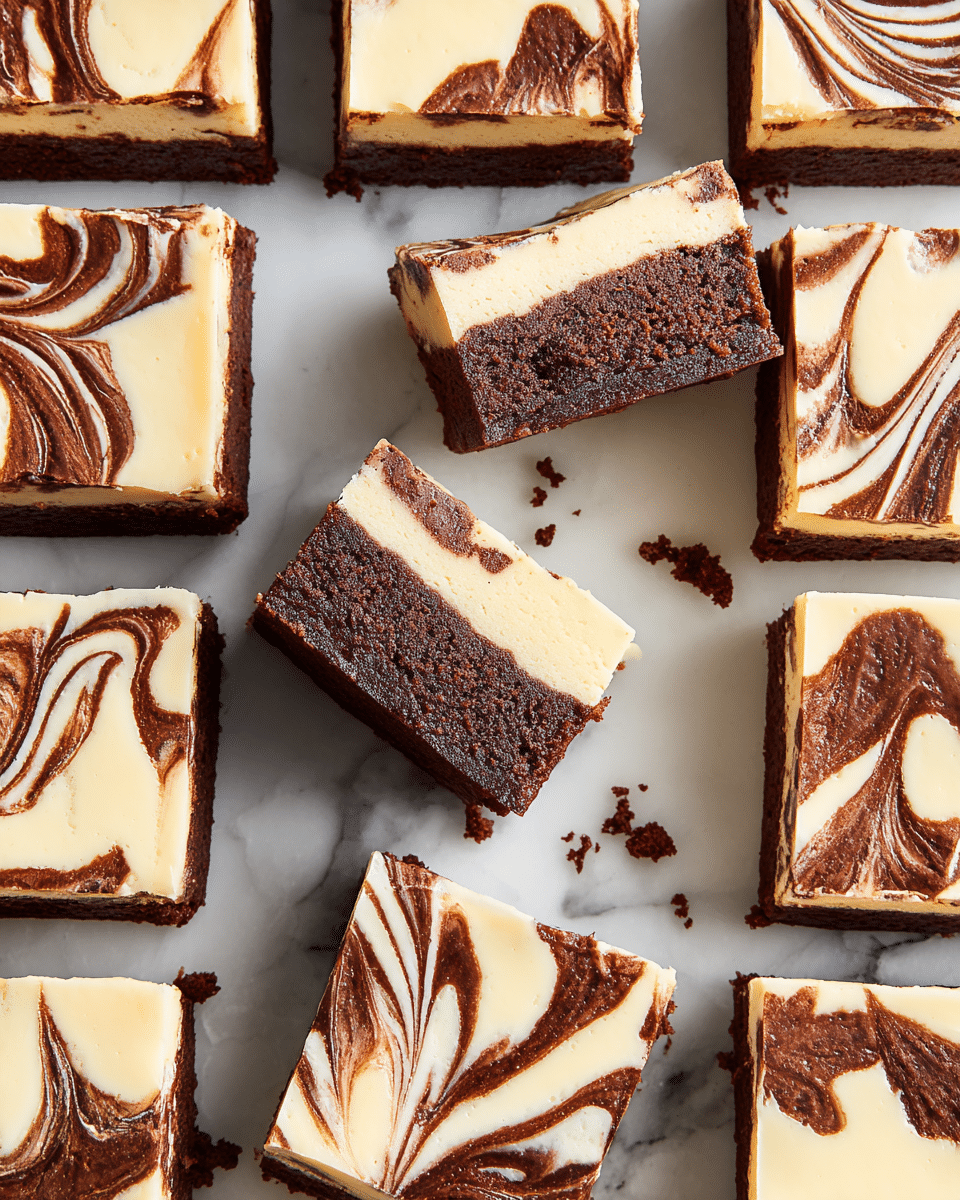 This image shows many square-shaped brownies neatly arranged on a white marbled surface. Each brownie has two visible layers: a thick bottom layer of rich, dark brown chocolate cake with a soft, crumbly texture, and a smooth, creamy top layer of light beige cheesecake. The cheesecake layer has artistic swirls of dark chocolate that create a marbled pattern with curved lines and organic shapes. Some brownies are stacked with one tilted to reveal the side texture, and there are a few small crumbs scattered around. The overall look is clean and tempting with a contrast between dark brown and pale cream colors. Photo taken with an iphone --ar 4:5 --v 7