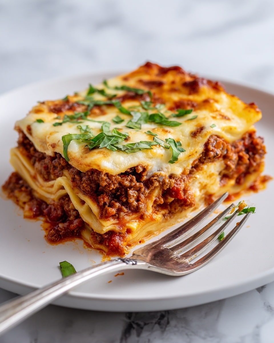 A close-up of a serving of lasagna on a white plate, showing three clear layers: the bottom layer is a thick sheet of pasta with a smooth, slightly curled edge, the middle layer is chunky ground beef mixed with red tomato sauce and some bits of onion, and the top layer is melted, golden-brown cheese with a bubbly texture, sprinkled with fresh green basil leaves. A metal fork is placed on the plate, stabbing into the lasagna's edge and lifting a portion, revealing the soft, cooked pasta and meat inside. The background has a white marbled texture. Photo taken with an iphone --ar 4:5 --v 7