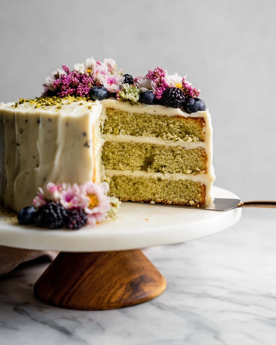 A three-layer cake with light greenish-yellow sponge textured with small specks, each layer separated and covered by smooth, creamy off-white frosting. The cake's outside is frosted lightly, showing some cake texture through the frosting. The slice is lifted on a metallic spatula, showing the inside clear. The cake is decorated with small clusters of pink flowers and fresh dark blueberries and blackberries placed near the base and on the top. The whole cake sits on a white marble cake stand with a wooden base, set against a clean white marbled background. photo taken with an iphone --ar 4:5 --v 7