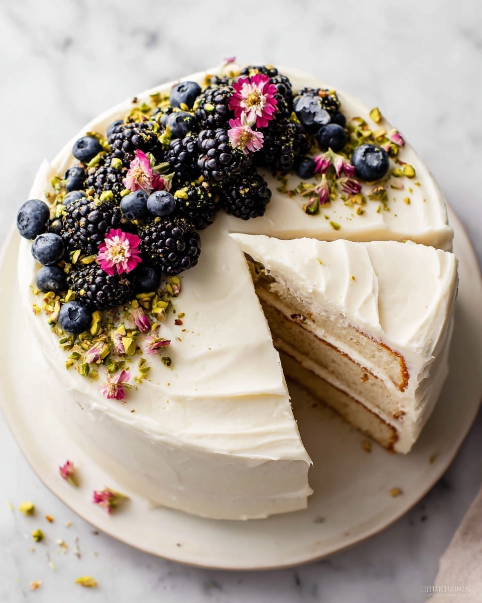 A two-layer round cake covered in smooth white frosting sits on a white plate, placed on a white marbled surface. On top of the cake, there is a decoration of fresh blackberries, blueberries, small pink flowers, and crushed green pistachios, mainly clustered on one side. One slice of the cake is cut and slightly pulled out, revealing a light-colored cake with frosting between the layers. The frosting on the cake has soft swirls and a creamy texture. The photo is bright and clear, showing every detail of the fruit and frosting. photo taken with an iphone --ar 4:5 --v 7
