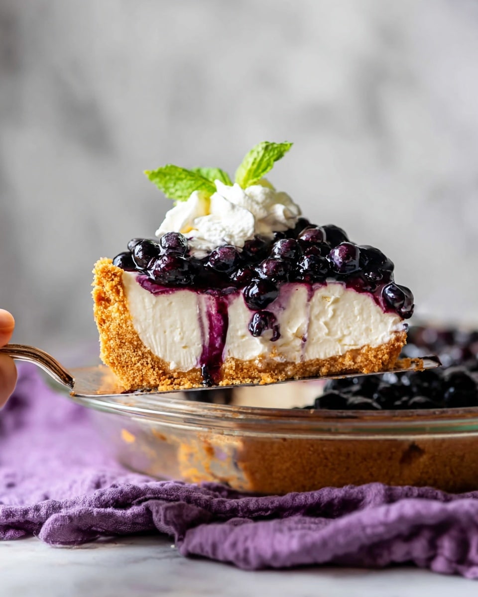 A close-up of a slice of blueberry cheesecake held by a woman's hand using a pie server, showing a thick golden brown crust base, a thick smooth creamy white cheesecake layer in the middle, topped with a glossy dark blue layer of whole blueberries and blueberry sauce that slightly drips down the sides. On top of the cheesecake is a dollop of white whipped cream and a small green mint leaf. The pie is in a clear glass pie dish resting on a purple cloth, all set against a white marbled background. Photo taken with an iphone --ar 4:5 --v 7