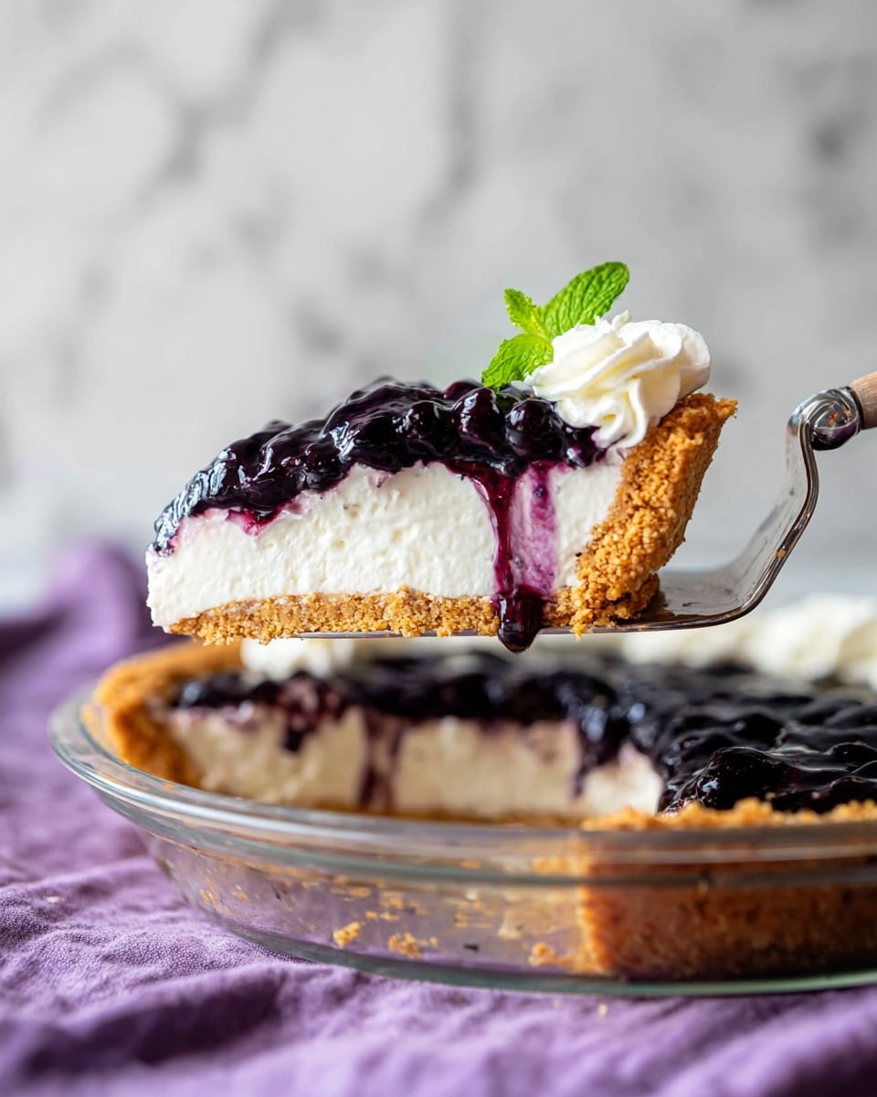 A slice of cream pie is held by a silver pie server above a clear glass pie dish resting on a purple cloth. The pie has three layers: the bottom crust is golden brown and crumbly, the thick middle layer is white and smooth cream cheese filling, and the top layer is dark glossy blueberry topping with a few purple juice drips running down the creamy layer. A small swirl of white whipped cream and a bright green mint leaf sit on the right edge of the slice. The scene is set against a white marbled background. Photo taken with an iphone --ar 4:5 --v 7