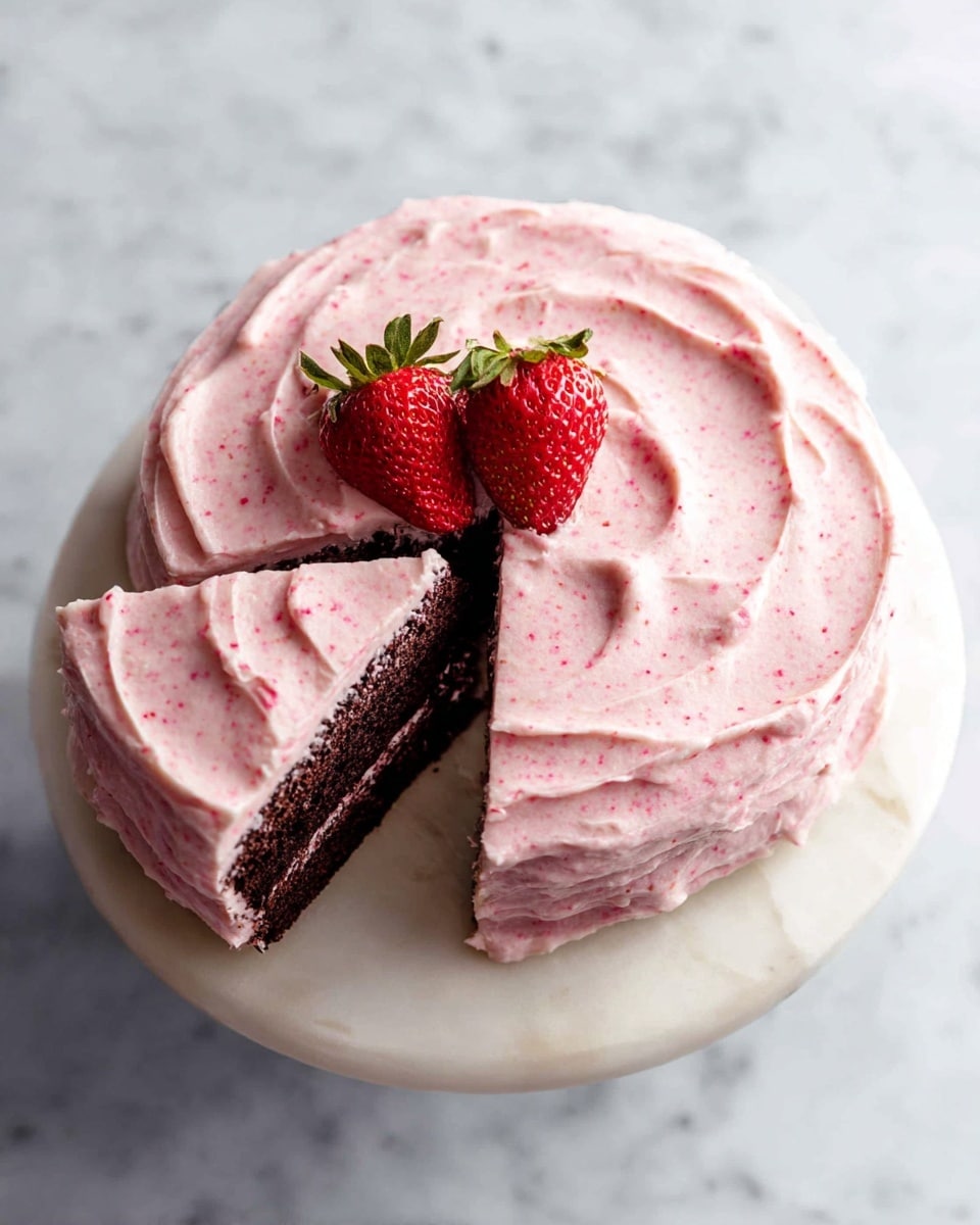 A round cake with two visible layers sits on a white marble cake stand; the cake layers are dark brown and are covered smoothly with thick, light pink frosting that has tiny red specks throughout, spread in swirled patterns across the top and sides. One slice is slightly pulled out, showing the contrast between the dark cake and pale pink frosting, while two fresh strawberries with green tops rest on the center of the cake. The background is a white marbled surface. photo taken with an iphone --ar 4:5 --v 7