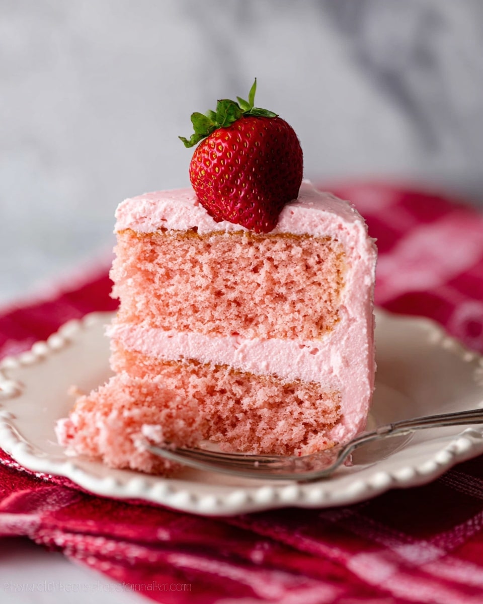 A close-up view of a two-layer pink cake slice with a soft, airy texture, covered in smooth pink frosting between the layers and on top. A single bright red strawberry with green leaves sits on the top center of the cake. The cake is placed on a white plate with a scalloped edge detail, resting on a red checkered cloth over a white marbled surface. A silver fork is partially visible next to the cake with a little piece of the cake on it. Photo taken with an iphone --ar 4:5 --v 7