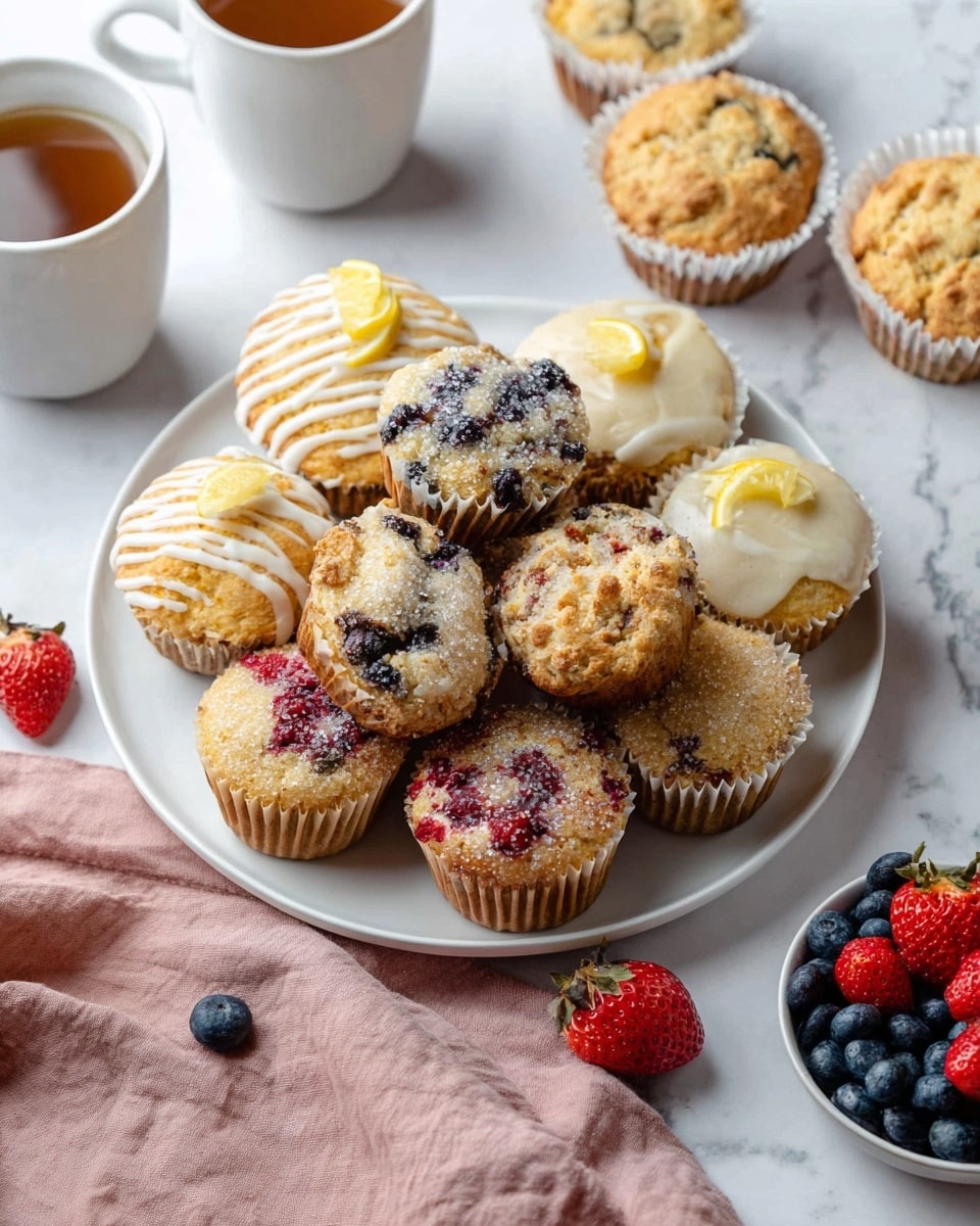 A white plate holds two types of muffins arranged in layers. The front layer has golden brown muffins with red and white berry bits visible on the top, some sprinkled with sugar crystals giving a shiny texture. Behind these are darker muffins with blueberries peeking out, also sprinkled with sugar crystals for a sparkle effect. The back layer has pale yellow muffins topped with white icing drizzled in a zigzag pattern, each garnished with a small wedge of lemon. The plate is set on a white marbled surface. Around it, there are white mugs filled with coffee, a bowl of blueberries, red strawberries, and more muffins wrapped in white paper liners, placed on a soft pink cloth. photo taken with an iphone --ar 4:5 --v 7