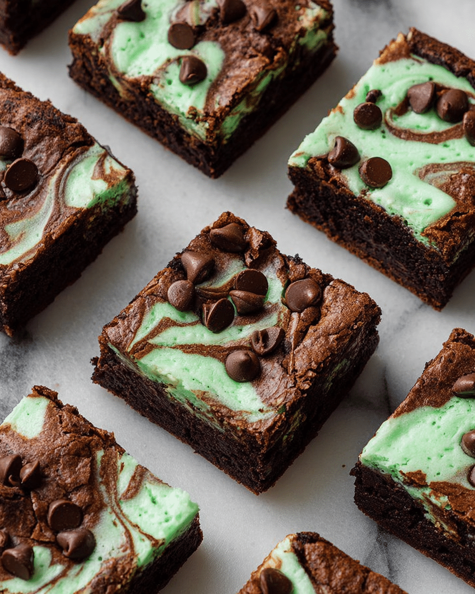The image shows several square brownie pieces arranged on a white marbled surface. Each brownie has two main layers: a dark brown chocolate brownie base with a slightly cracked texture on top, and a swirled mint green layer that is mixed into the top surface in a marbled pattern. Scattered chocolate chips sit on top of the brownies, adding a shiny, textured finish. The brownies are cut cleanly and placed close but not touching, filling the frame evenly. Photo taken with an iphone --ar 4:5 --v 7