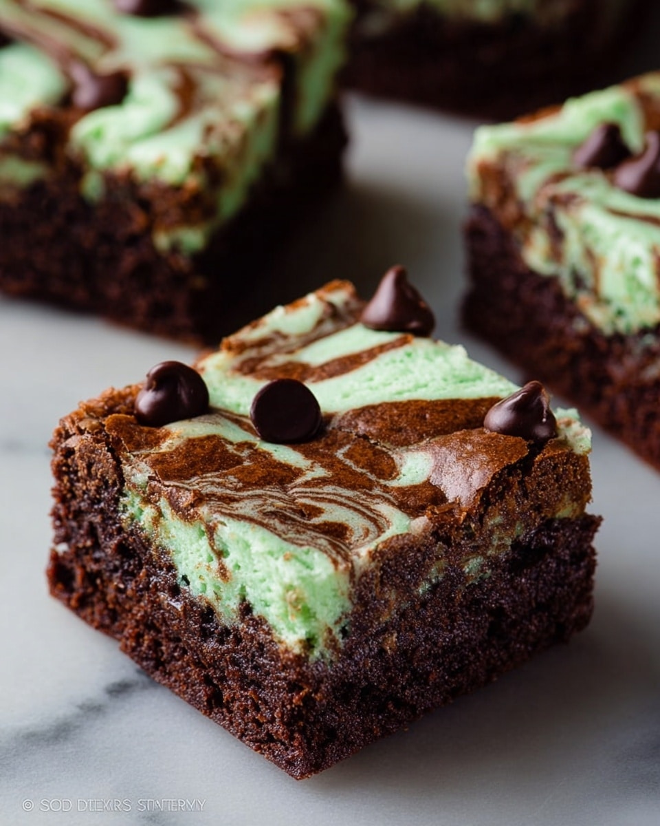 The image shows a close-up of a brownie with two visible layers. The bottom layer is dark brown, thick, and moist in texture. The top layer is a swirl of light mint green and dark brown, with the colors mixing in a marbled pattern. There are several shiny dark brown chocolate chips scattered on the surface, adding small rounded shapes and glossy spots. The brownie is cut into a square and placed on a white marbled surface. In the background, two more squares of the same brownie are partially visible. photo taken with an iphone --ar 4:5 --v 7