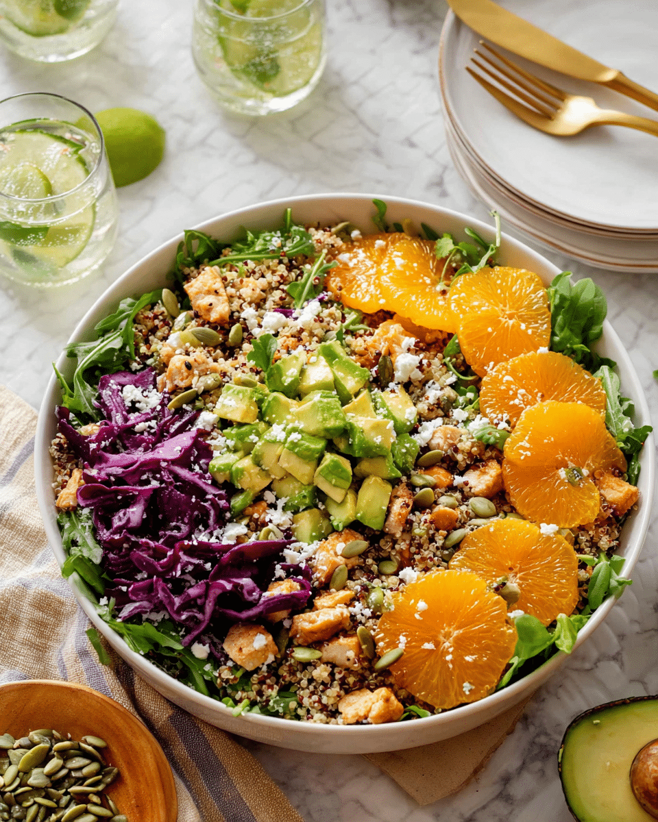 A large white bowl filled with a layered salad starting with a base of fresh green arugula leaves, topped with light tan quinoa mixed throughout. On top, there are bright orange slices arranged all around, bright green chunks of avocado, small browned pieces of cooked chicken, and some shredded deep purple cabbage. The salad is sprinkled with white crumbled cheese and scattered green pumpkin seeds. The bowl is placed on a white marbled surface with a quartered lime and two glasses of sparkling water with lime wedges in the background, along with a white plate with a gold fork. Photo taken with an iphone --ar 4:5 --v 7