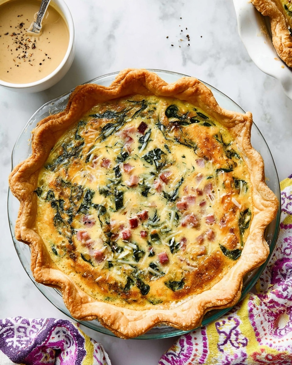 A golden-brown, flaky pie crust cradles a colorful quiche filled with creamy, pale yellow egg custard, mixed with dark green spinach leaves, chunky pink ham pieces, and melted white shredded cheese scattered on top and within the filling, creating a slightly browned, textured surface. The quiche sits in a clear glass pie dish on a white marbled surface. Nearby, a small white bowl contains a smooth, light tan sauce with black pepper on top and a silver spoon inside. Part of a white pie crust and a patterned cloth with purple, yellow, white, and pink are visible around the edges. Photo taken with an iphone --ar 4:5 --v 7