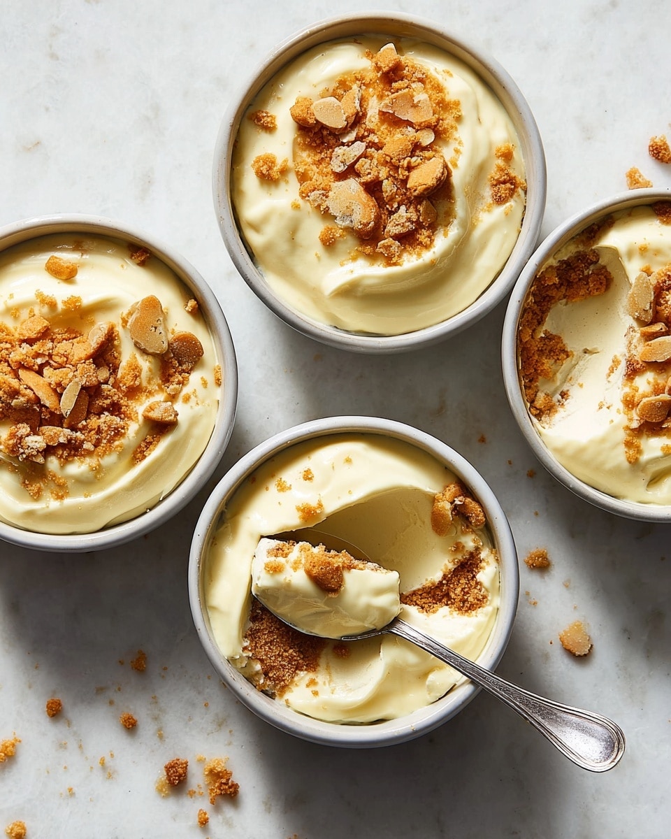 Four white bowls are placed on a white marbled surface, each filled with a creamy, pale yellow dessert that looks thick and smooth. In each bowl, there are visible layers of crushed golden brown cookie pieces mixed into the dessert, with more cookie crumbs scattered on top. One bowl has a spoon inside, showing a cross-section of layers: a base layer of crumbled cookies, a thick middle layer of creamy dessert, and more cookie bits on top. The texture on top is soft and slightly swirled, with small chunks of cookie adding a crunchy contrast. photo taken with an iphone --ar 4:5 --v 7