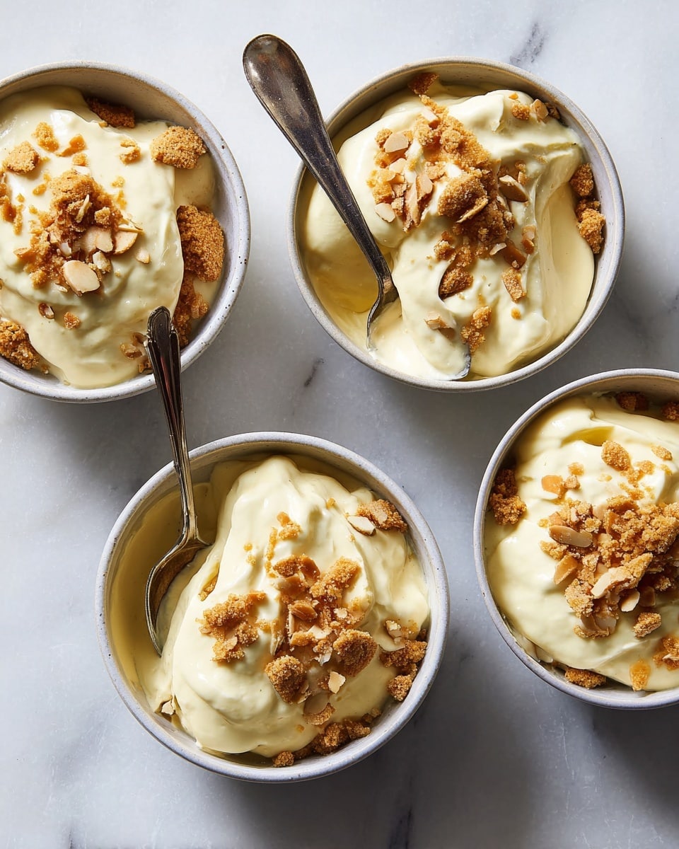 Four white bowls are placed on a white marbled surface, each filled with a dessert made of creamy pale yellow pudding layered over pieces of crushed golden brown cookies. Each bowl has two layers: the bottom layer is the cookie pieces with rough texture and warm brown shade, and the top layer is thick, smooth, and light yellow cream spread evenly. One bowl has a silver spoon inside, showing the layers and some cream on the spoon. Crumbled cookie bits are scattered on top of the cream in each bowl. Photo taken with an iphone --ar 4:5 --v 7