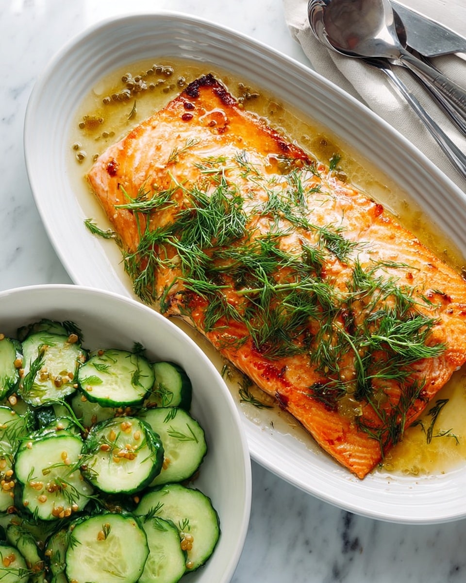 The image shows a cooked salmon fillet placed on a white oval plate, with the top layer of salmon appearing orange-pink with crispy light brown edges and a glossy texture from the oil and juices beneath it. On top of the salmon, there are fresh green dill sprigs scattered evenly, adding texture and color contrast. Next to the plate, on the left side, there is a white bowl filled with thinly sliced cucumber rounds that are bright green with visible seeds, mixed with mustard seeds in a light dressing, and a metal spoon resting inside. The scene is set on a white marbled surface with metal serving utensils visible on the right side near the salmon dish. Photo taken with an iphone --ar 4:5 --v 7