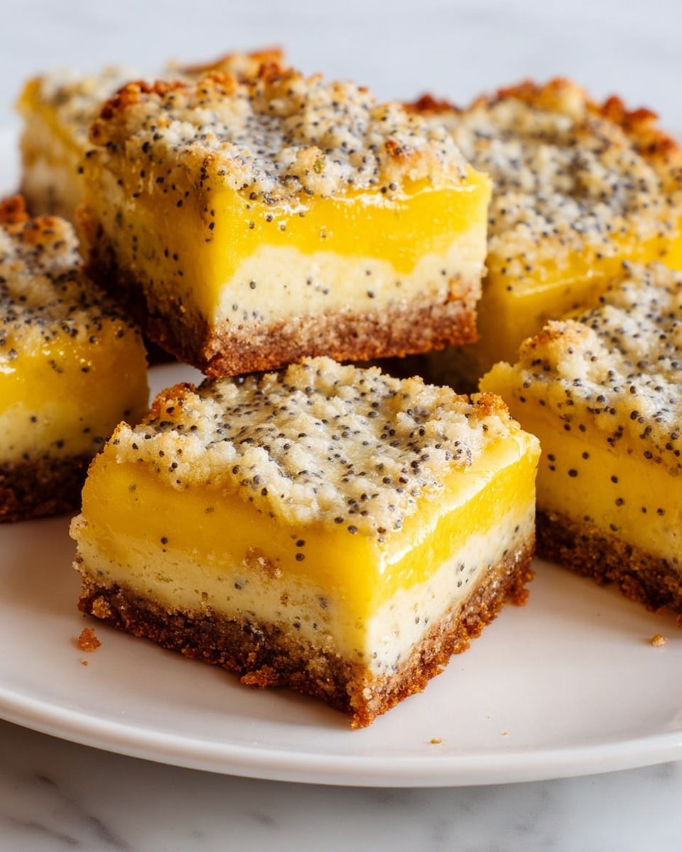 The image shows several square slices of a dessert bar on a white plate, placed on a white marbled surface. Each slice has three visible layers: a firm brown crust at the bottom, a thick bright yellow middle layer that looks glossy and smooth, and a crumbly top layer speckled with small black seeds, giving it a textured and uneven appearance. The edges of the dessert bars are slightly golden brown, showing they are baked well, and there are some crumbs around the slices adding to a fresh look. Photo taken with an iphone --ar 4:5 --v 7