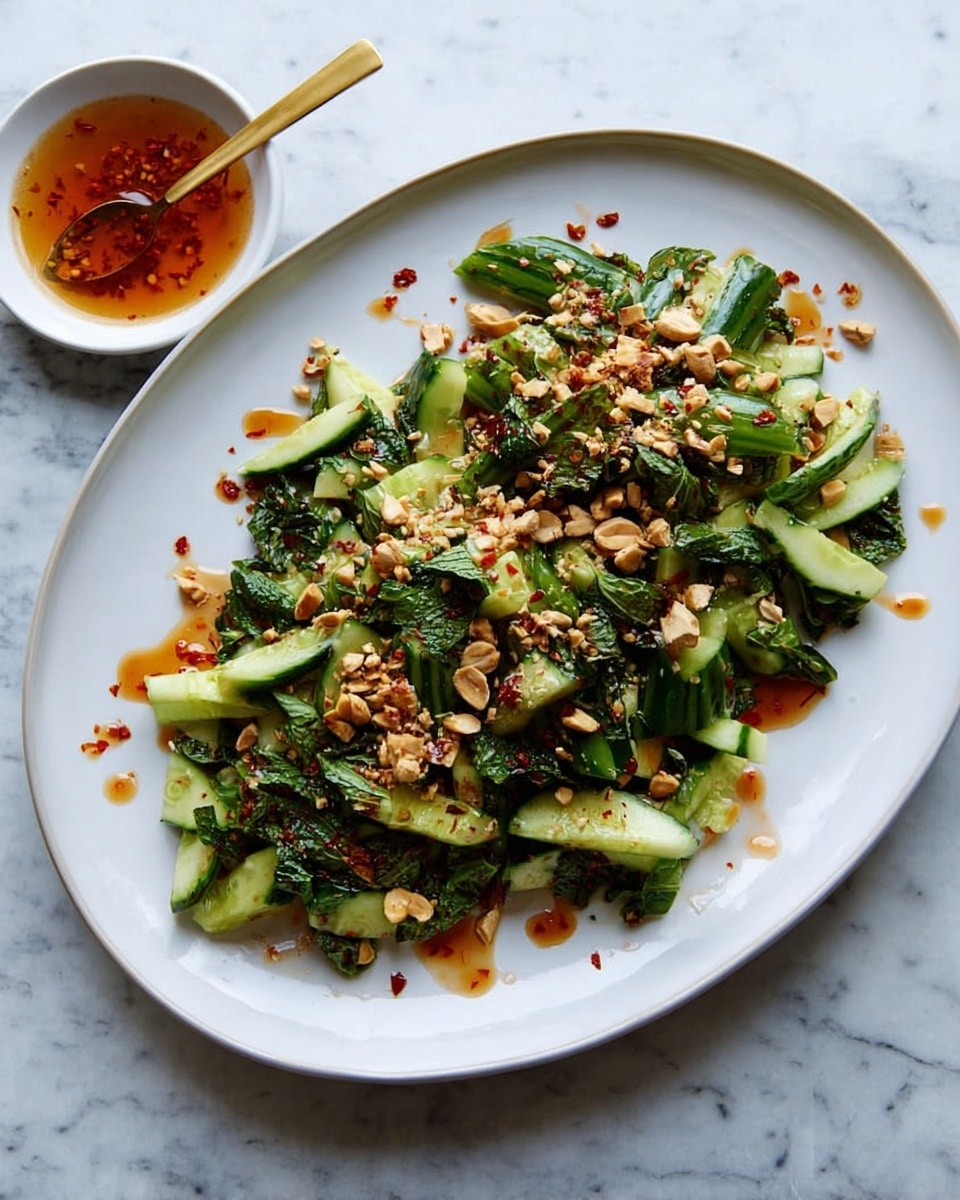A white oval plate on a white marbled surface holds a fresh cucumber salad with roughly chopped green cucumber pieces scattered and layered, mixed with dark green leafy herbs. On top, there is a generous sprinkle of broken light brown peanuts and red chili flakes, adding texture and color contrast. Some chili oil or dressing is drizzled around and over the salad, showing reddish-orange drops. Next to the plate, a small white bowl with a golden spoon contains some of the same reddish dressing. photo taken with an iphone --ar 4:5 --v 7