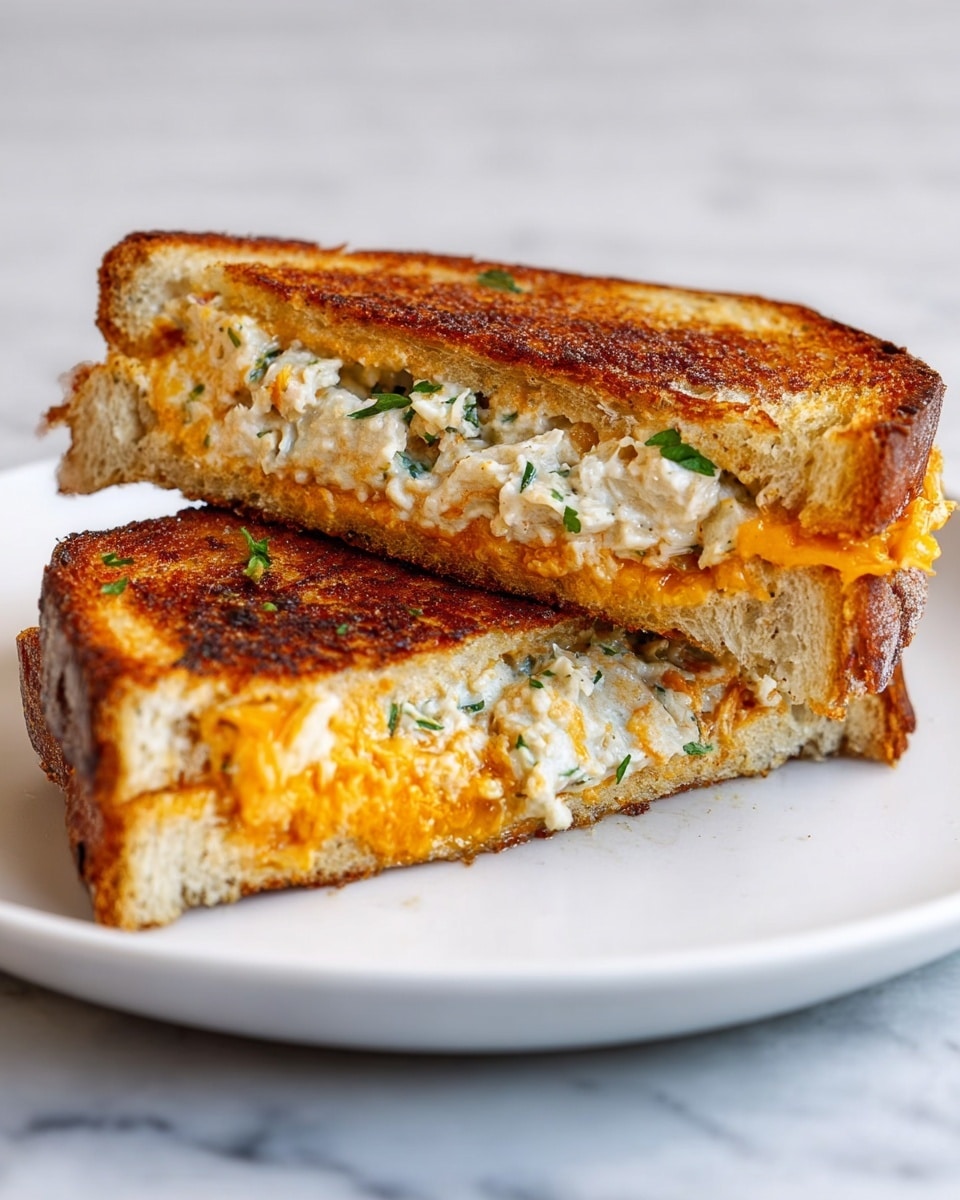 Two halves of a grilled sandwich are placed on a white plate on a white marbled surface. Each half shows a golden brown, crispy toasted bread exterior with slightly darker edges. Inside, there are two visible layers: the bottom layer is melted, bright orange cheese oozing out slightly, and above it is a creamy, chunky white filling mixed with small green herbs, adding texture and color. The sandwich looks warm and freshly made with a textured crust. photo taken with an iphone --ar 4:5 --v 7