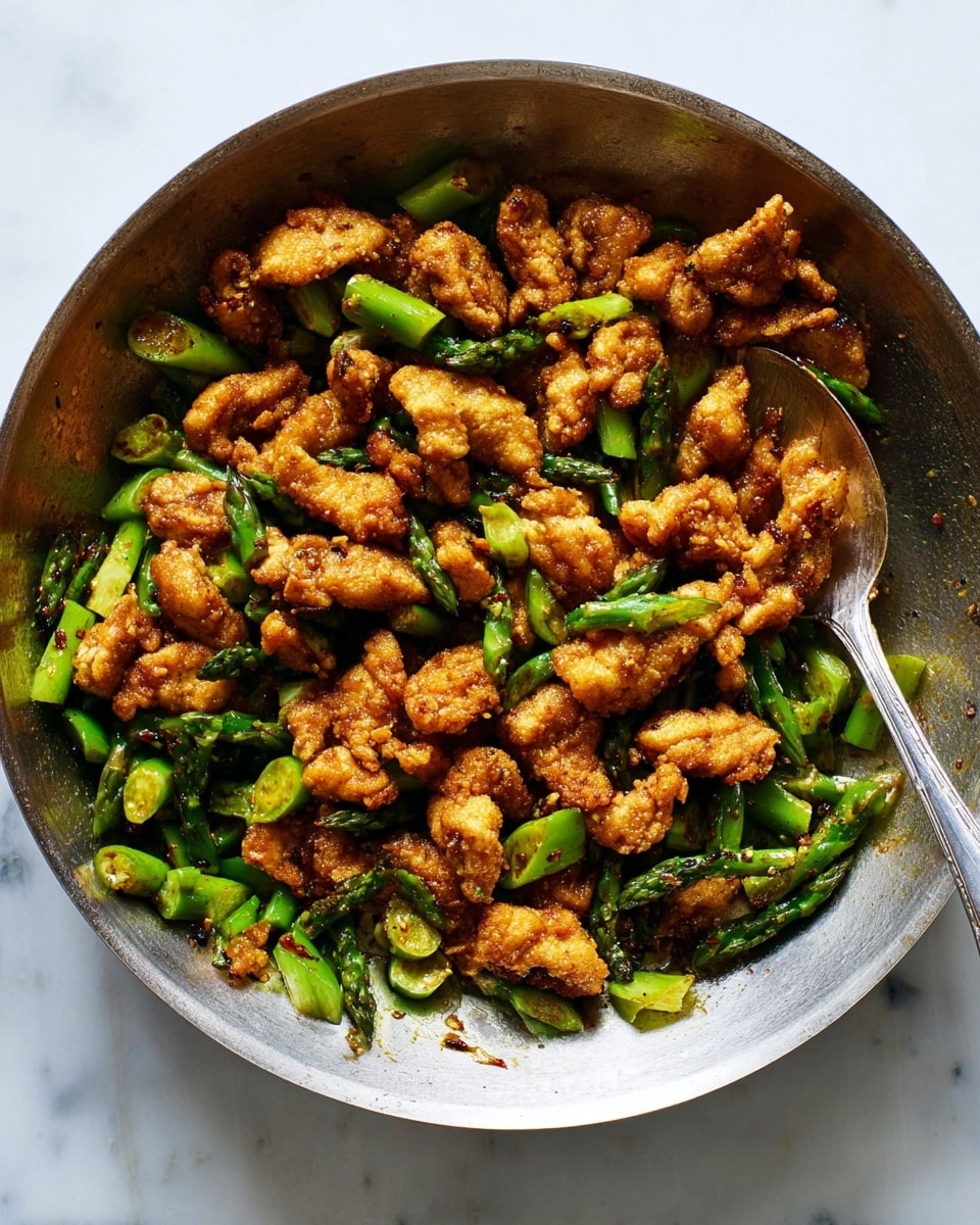 A close-up view of a metal pan filled with roughly 3 layers: the bottom layer shows bright green, sliced asparagus pieces scattered across the pan; on top of this, there are crispy, golden-brown fried chicken pieces that are uneven in size and coated with pepper specks; a silver spoon rests on the right side inside the pan, partially submerged in the food. The whole pan sits on a white marbled surface, and light shines evenly from above, highlighting the food's texture and colors. photo taken with an iphone --ar 4:5 --v 7
